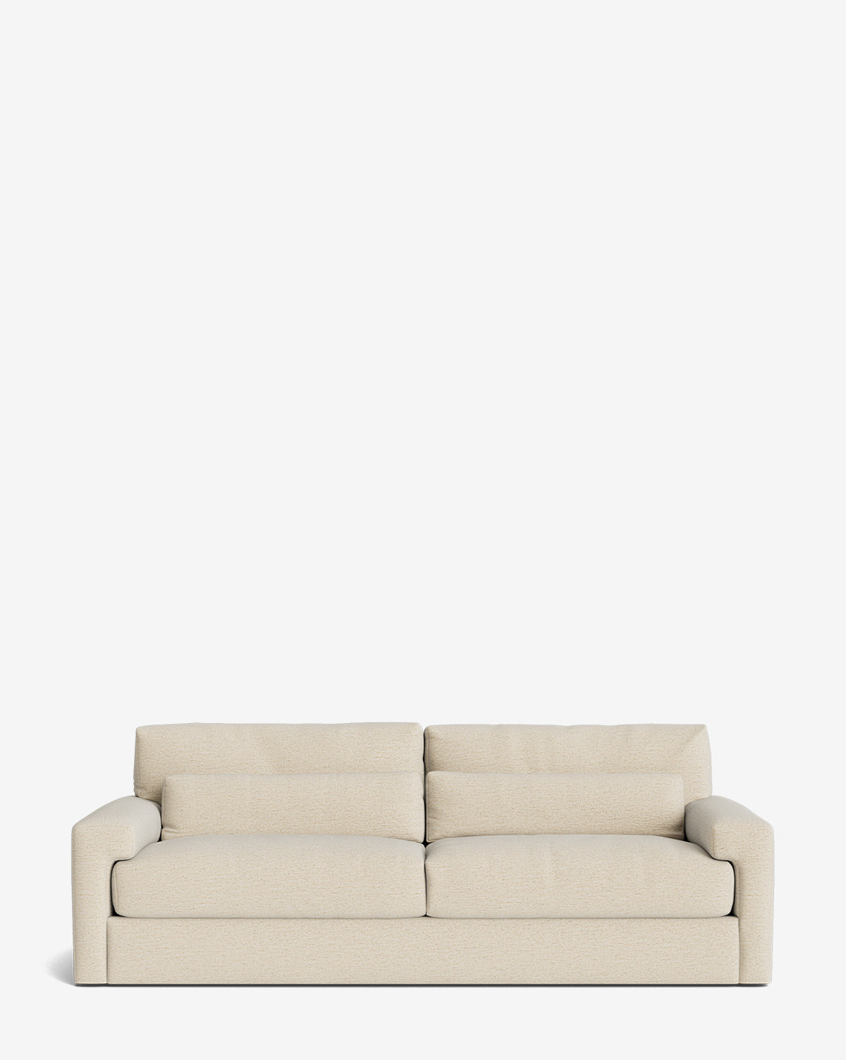 The Beckstead Sofa 92 is a modern, beige upholstered piece with two seat cushions and two large back cushions, low rounded armrests, and a simple, contemporary design. Shown against a plain white background, it’s also customizable by McGee & Co.