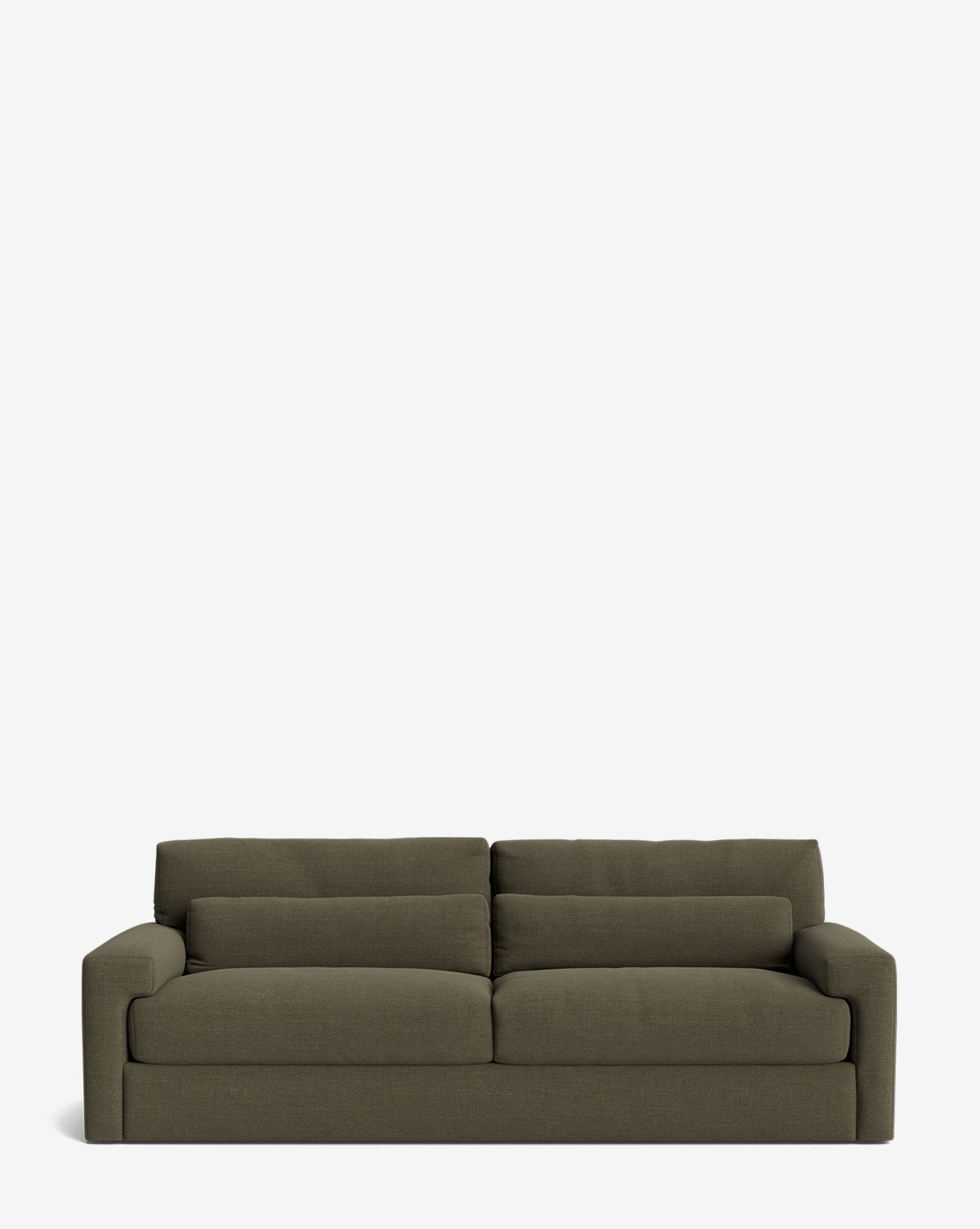 A modern Beckstead Sofa 92 in olive green, featuring a low profile, plush back and seat cushions, and square armrests, set against a plain white background by McGee & Co.