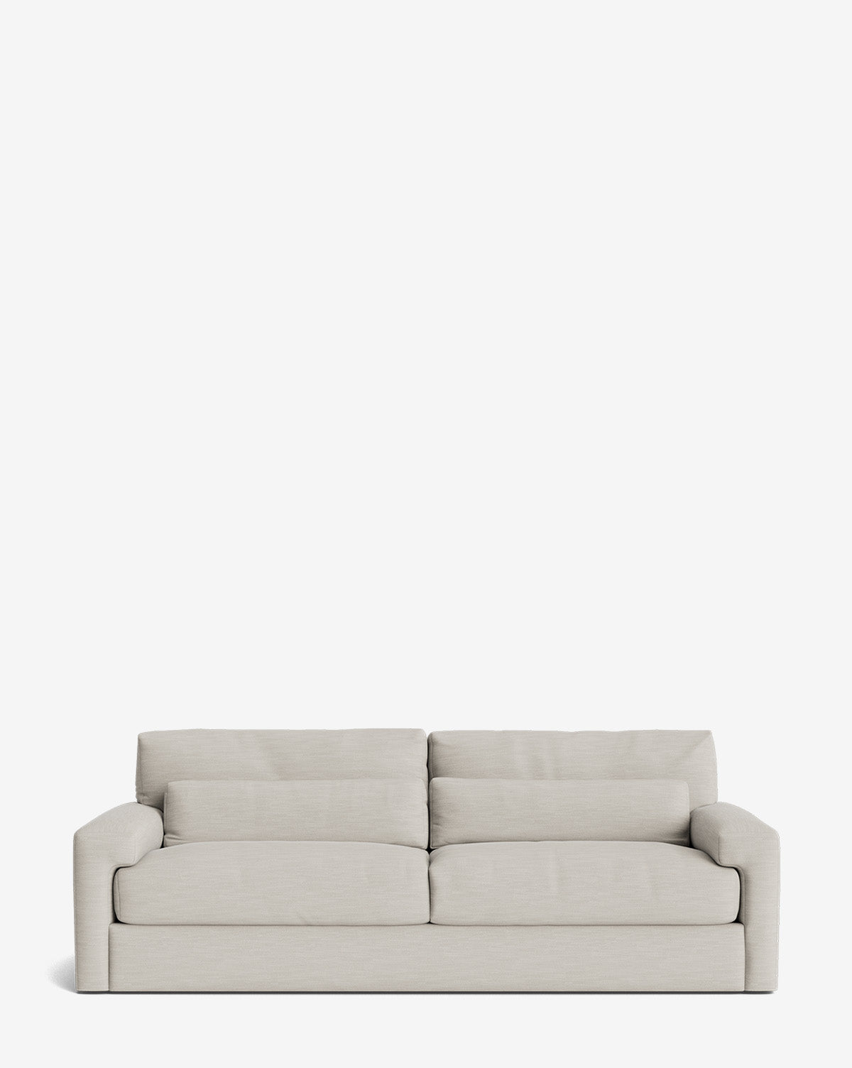 The Beckstead Sofa 92 is a modern, light beige customizable sofa with two seat and two back cushions, low rounded arms, and a minimalist design, shown against a plain white background by McGee & Co.