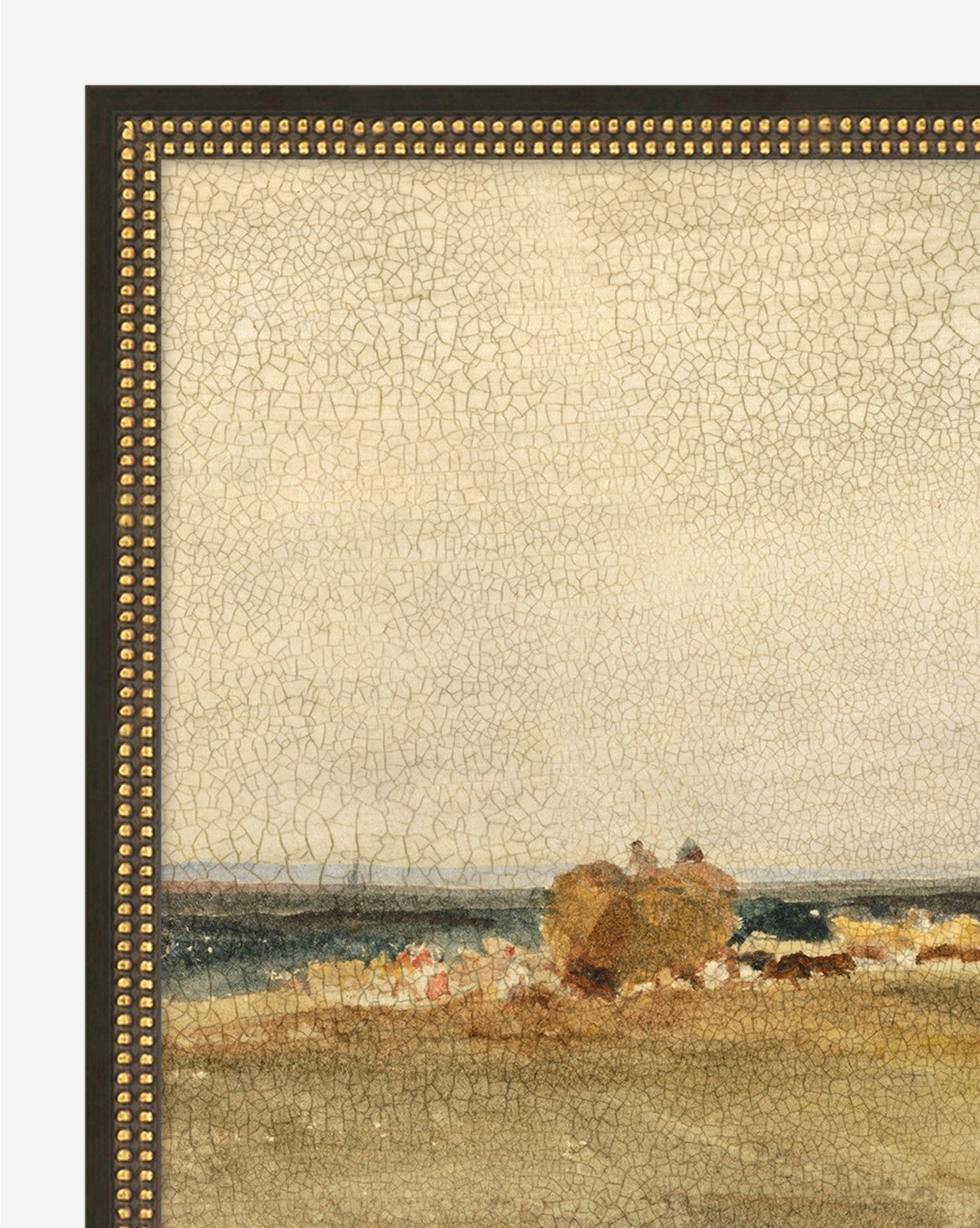 A close-up of Before Sundown reveals moody tones and a crackle finish, capturing a muted landscape with a brown hill, sparse vegetation, and distant water beneath a cloudy sky.