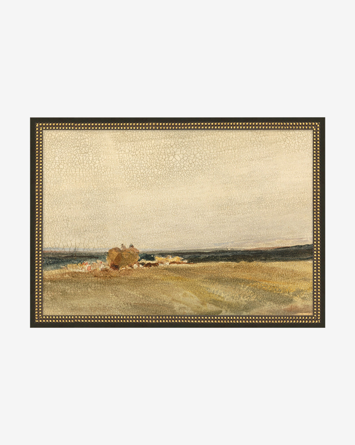 Before Sundown is a vintage painting depicting a rural landscape with fields up front, small distant buildings, and a textured cloudy sky, all framed by decorative beading and rich moody colors.
