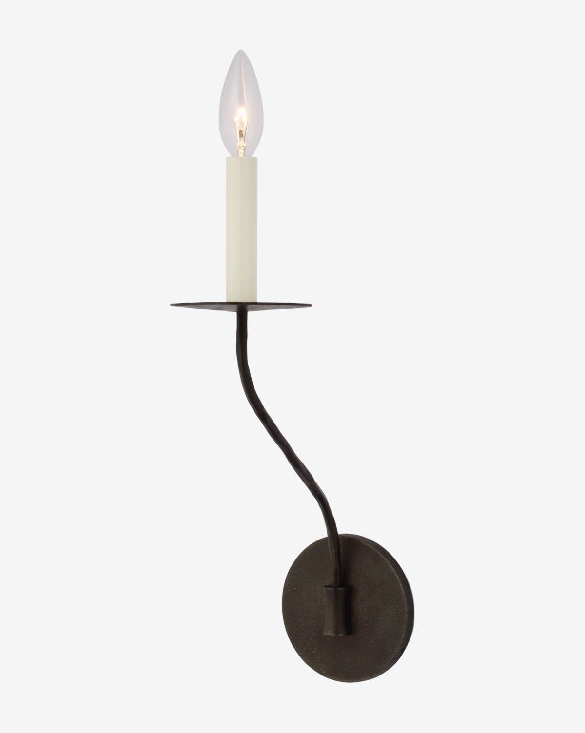 The Belfair Medium Single Sconce by Visual Comfort & Co. Signature features a round dark metal base, curved arm, and cream candle holder, offering timeless elegance with its classic candelabra design. McGee & Co.