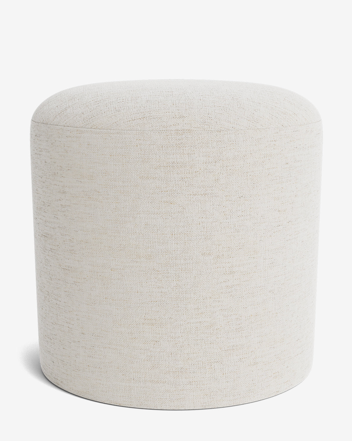 The Makerspalm Bellamy Ottoman is a simple, round piece upholstered in off-white fabric with a smooth, legless design. Versatile and stylish, the ottoman sits on a plain white background. McGee & Co.