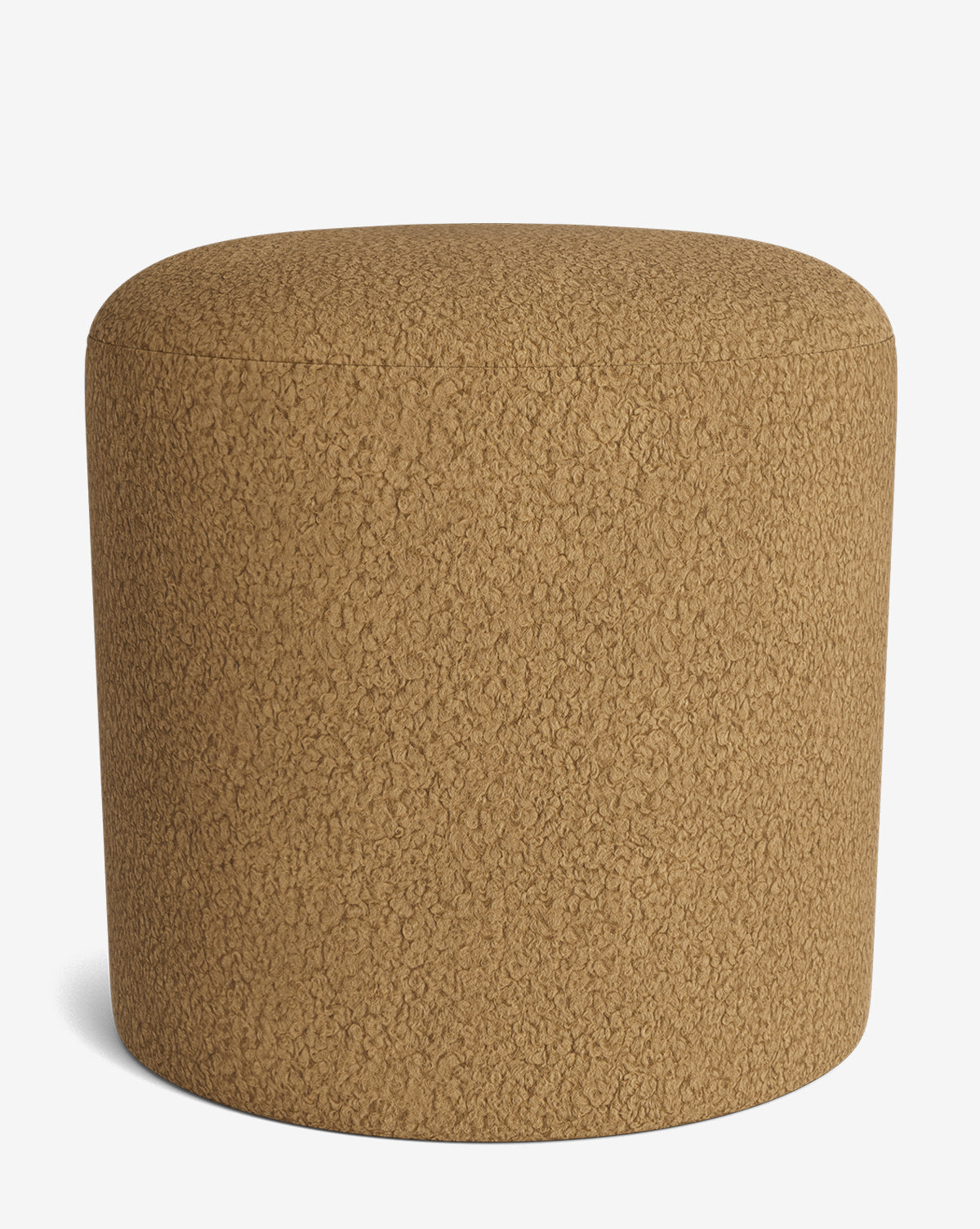 The Makerspalm Bellamy Ottoman features a round, brown design with a textured boucle fabric surface, combining versatility and style against a plain white background by McGee & Co.