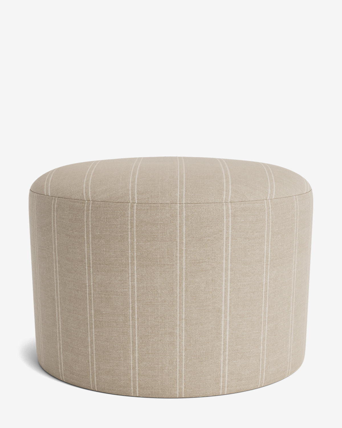 The Bellamy Ottoman by Makerspalm is a versatile piece, upholstered in beige fabric with thin white vertical stripes, shown on a plain white background. McGee & Co.