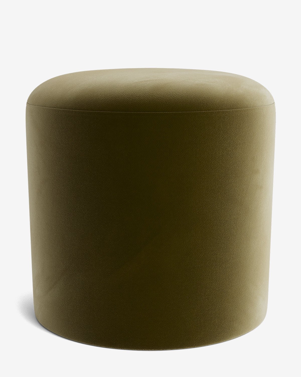 The Makerspalm Bellamy Ottoman is a round, olive-green upholstered piece with a seamless fabric surface—an elegant and versatile addition to any space. McGee & Co.
