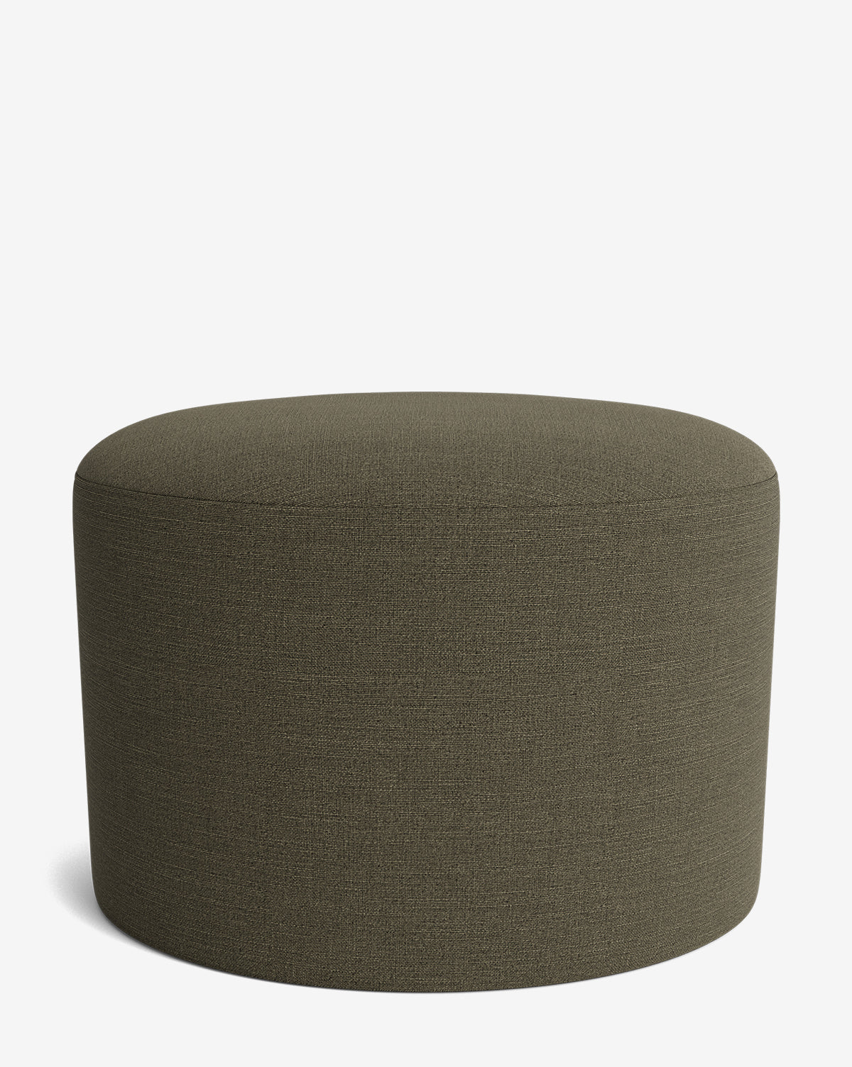The Bellamy Ottoman by Makerspalm is a round, dark olive green piece with a smooth fabric surface, shown against a white background—a versatile ottoman suited for any space. McGee & Co.