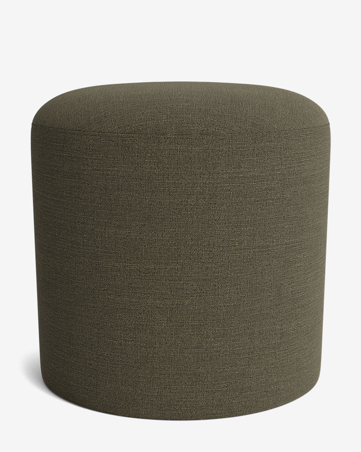 The Makerspalm Bellamy Ottoman is a round, olive green upholstered piece with a seamless fabric surface, shown on a plain white background. This versatile ottoman enhances any space with style and function. McGee & Co.