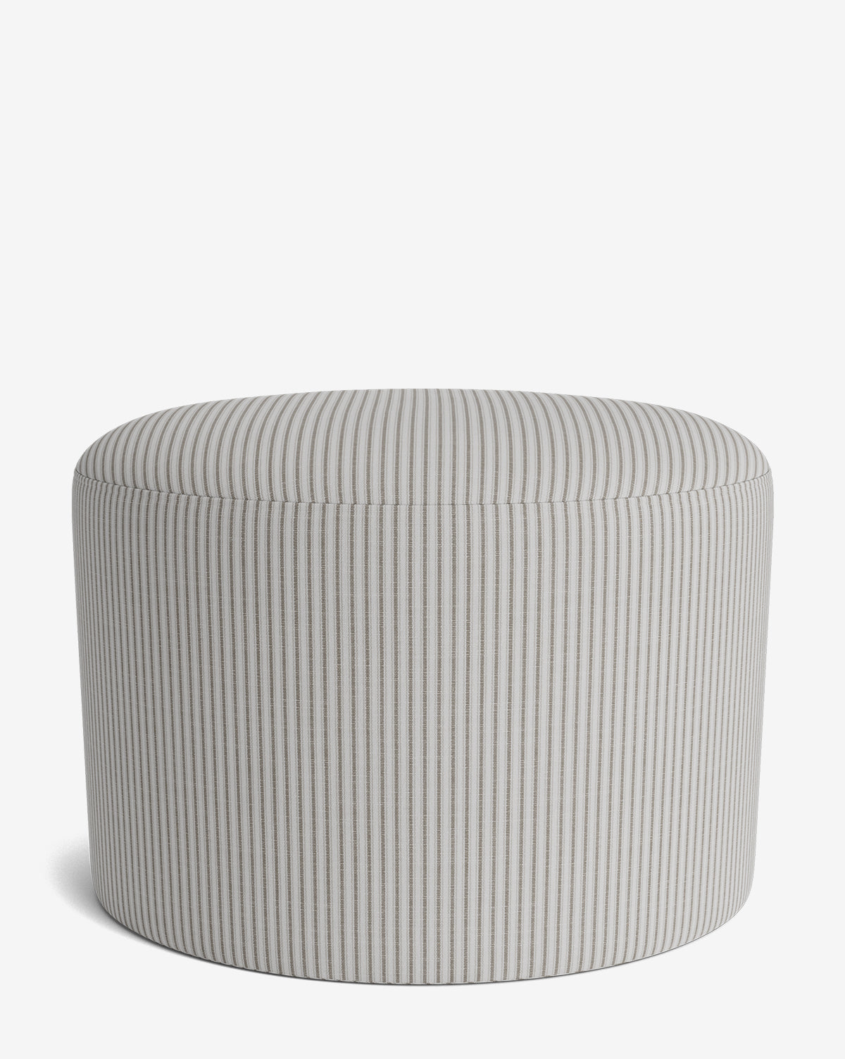 The Makerspalm Bellamy Ottoman is a versatile piece, upholstered in light gray fabric with vertical white and gray pinstripes, displayed against a plain white background. McGee & Co.