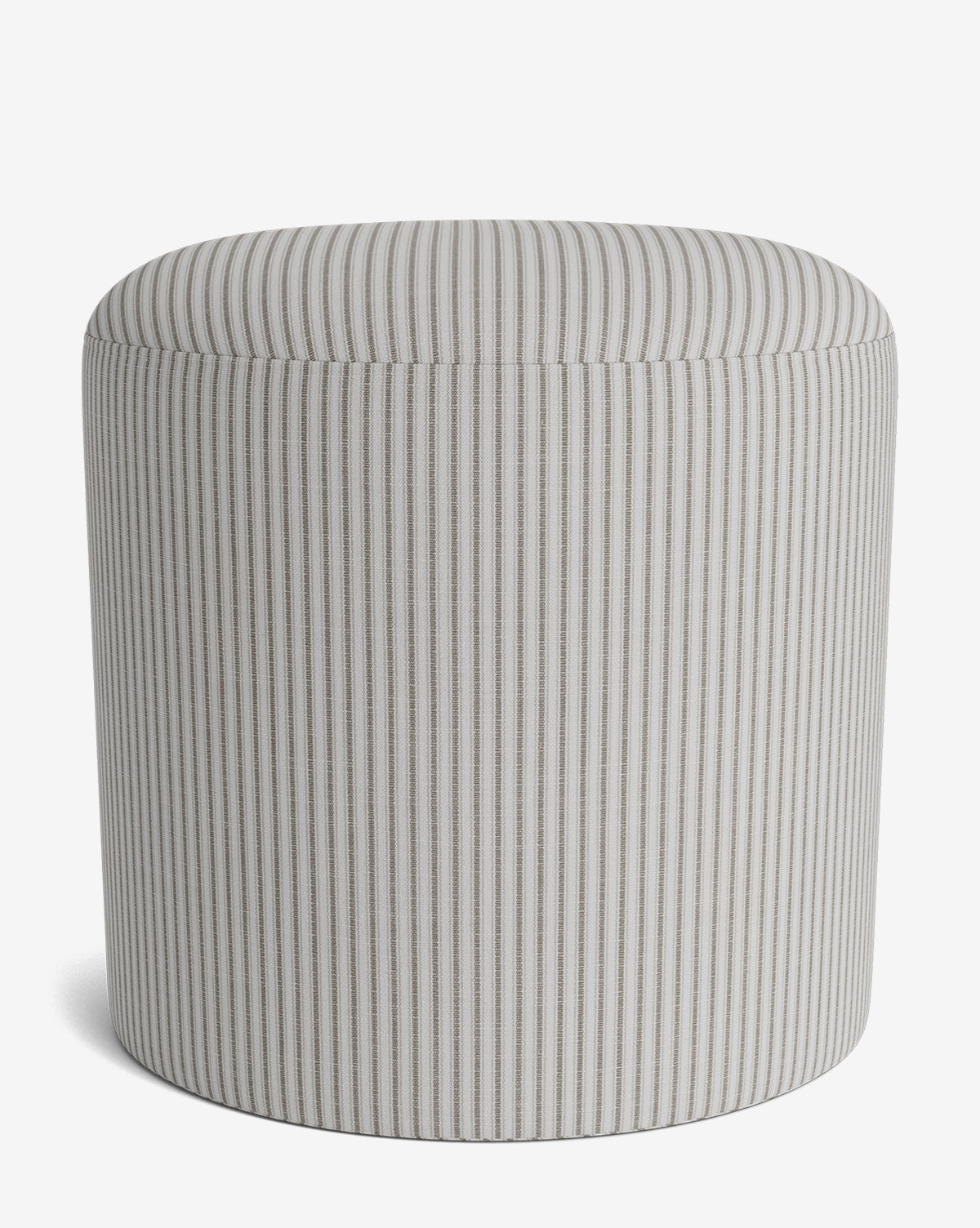 The Makerspalm Bellamy Ottoman showcases beige and white vertical striped fabric, a cushioned top, and a legless design. This elegant, versatile ottoman is set against a plain white background. McGee & Co.