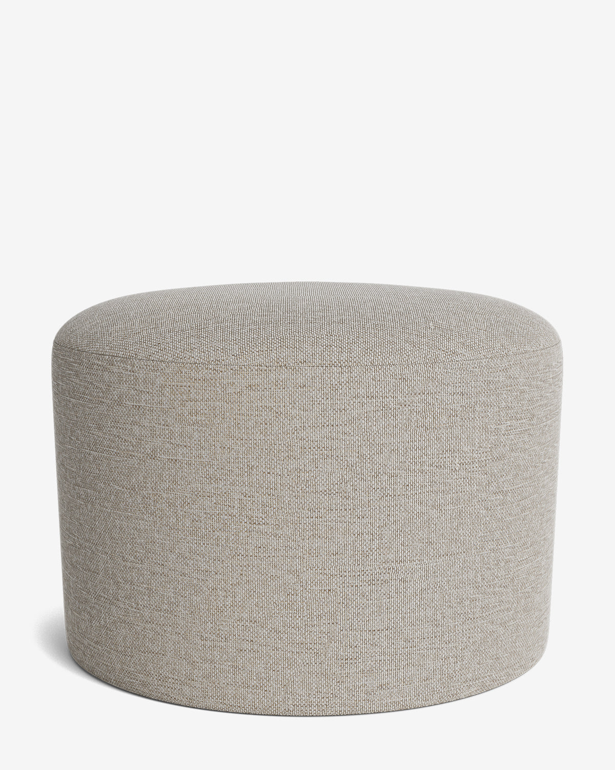 The Makerspalm Bellamy Ottoman is a round, light grey upholstered piece with a smooth seamless surface, shown against a white background—a versatile accent for any space. McGee & Co.