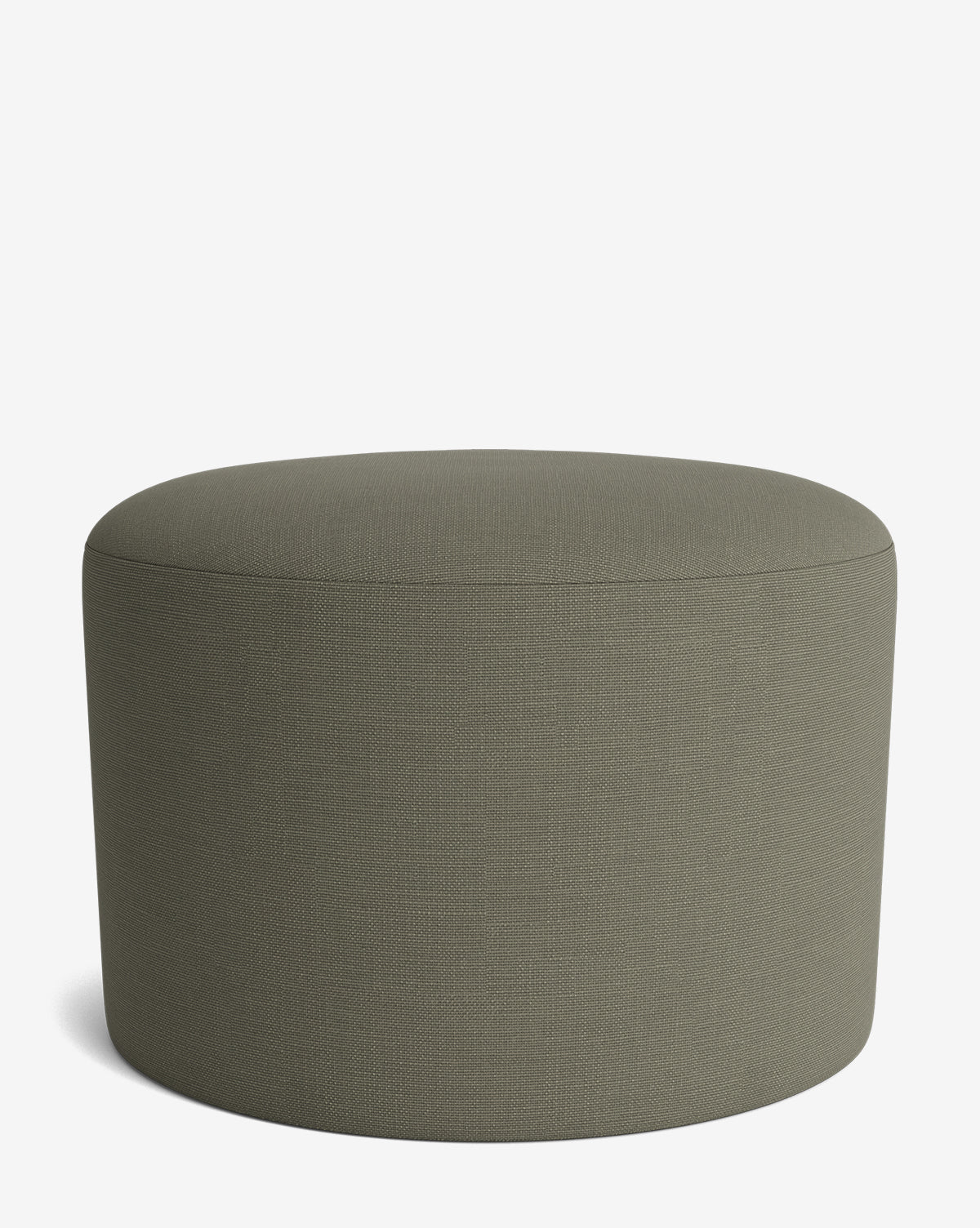 The Makerspalm Bellamy Ottoman is a round, olive-green piece with smooth upholstered fabric and a modern design, shown on a white background. Its versatile style adds contemporary elegance to any space, blending seamlessly with collections from McGee & Co.