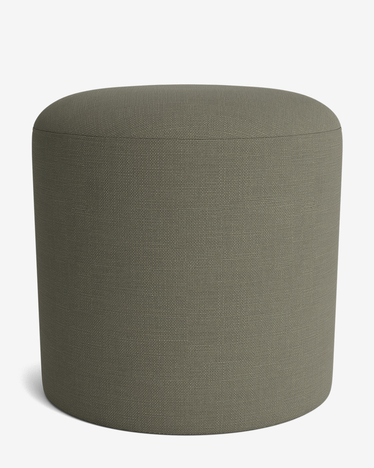 The Makerspalm Bellamy Ottoman is round and olive-green with a smooth fabric surface, featuring a simple modern design without visible legs or embellishments, shown against a plain white background, McGee & Co.