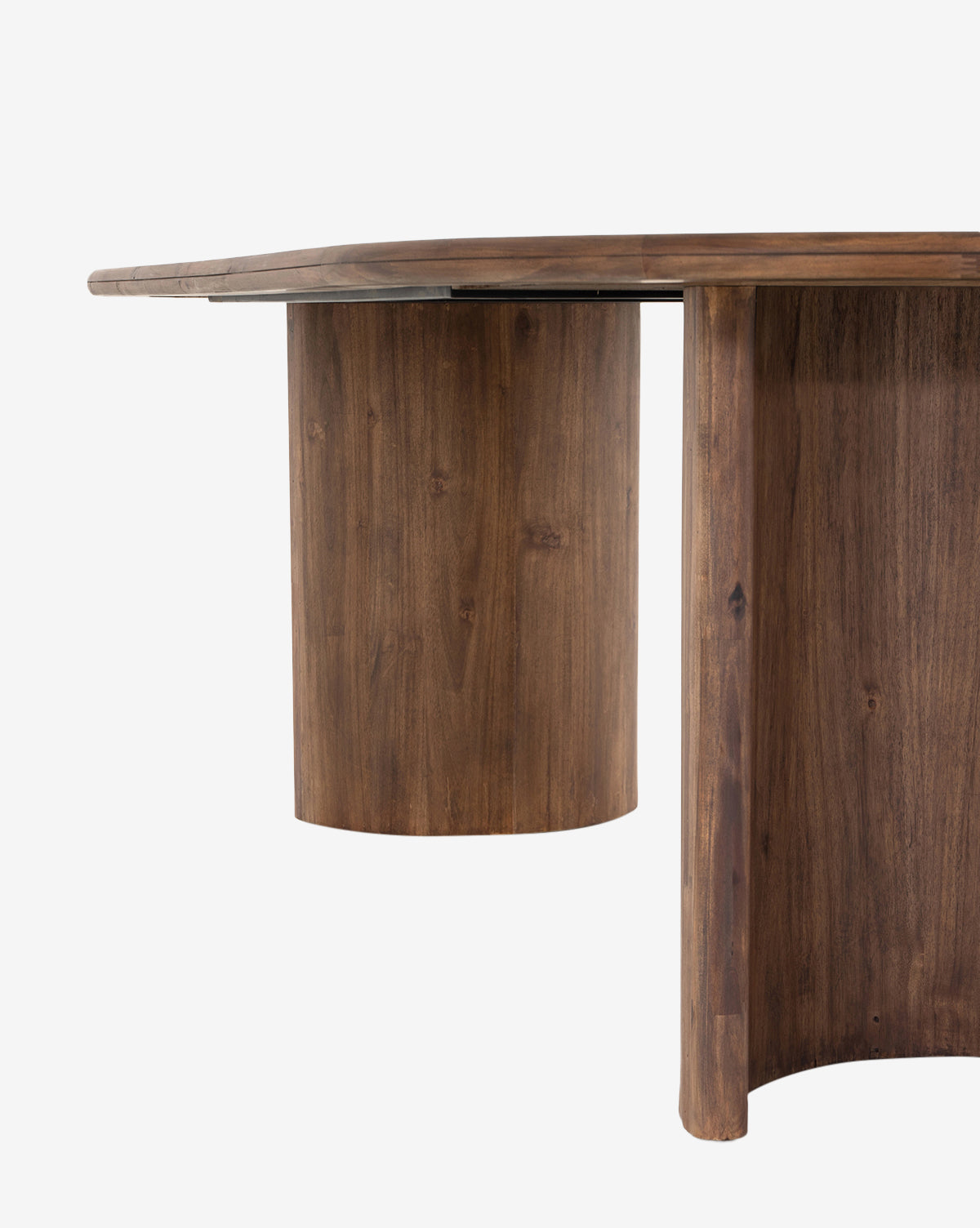 A close-up of the Belvedere Dining Table reveals its modern oval design, cylindrical curved legs, and a smooth rich brown finish, all set against a plain white background, by McGee & Co.
