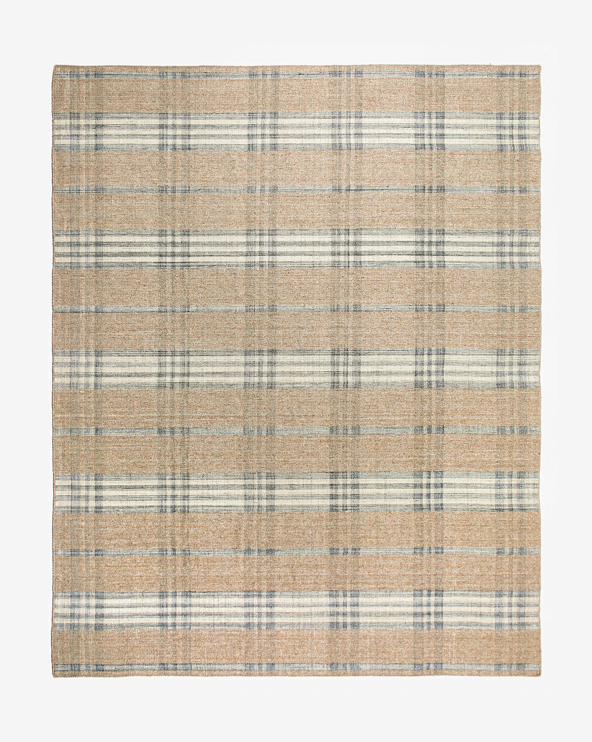 The Berkeley Handwoven Indoor/Outdoor Rug is a square rug with a plaid pattern in beige, gray, and off-white tones, featuring horizontal and vertical stripes for a classic checkered look by McGee & Co.