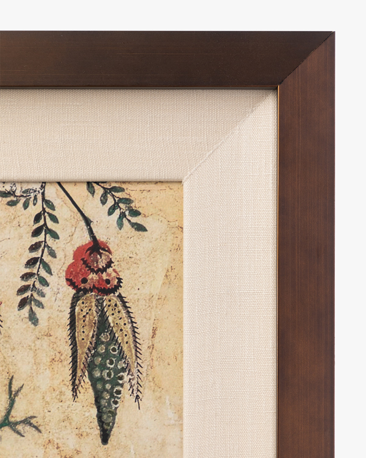 Berries & Leaves: A close-up of vintage wall art featuring a stylized plant with red, green, and yellow details on a beige textured background, showcased in a brown wood frame with a cream-colored mat.