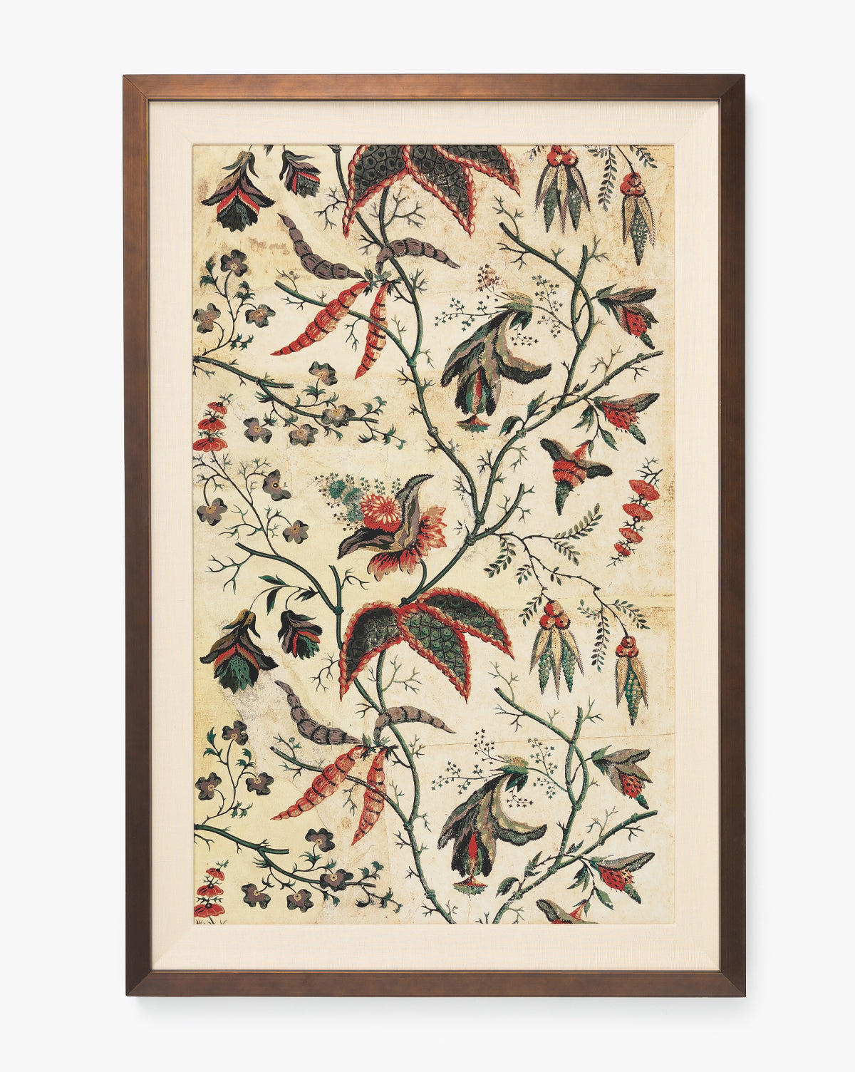 Berries & Leaves: Framed vintage wall art with large, stylized red, green, and black flowers and leafy branches on cream. This giclee print comes in a dark brown wood frame and white mat.