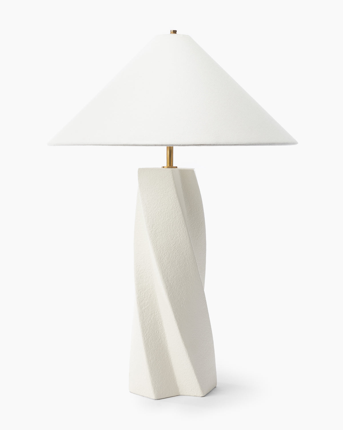 The Bettencourt Table Lamp features a modern white resin base with a twisted texture, wide conical linen shade, and brass accent—perfect for adding style to any room, by McGee & Co.