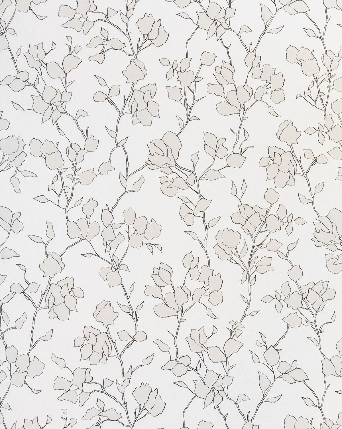 Blair Sketched Floral Wallpaper by York Wallcoverings features delicate leafy branches and flowers in fine black lines on a white background, creating an elegant, airy, and timeless neutral look for any space. McGee & Co.