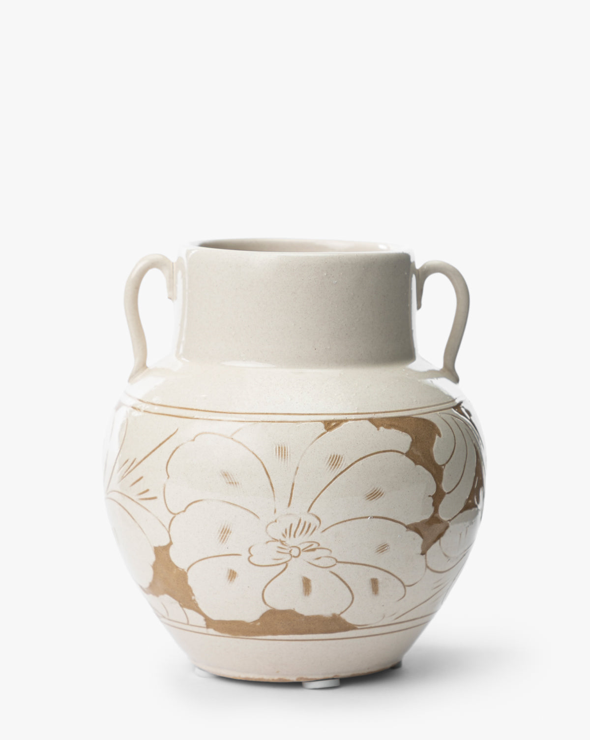 The Blaise Vase is a beige ceramic vintage piece with two small handles and a wide, round body. Its subtle floral pattern adds delicacy, making it a charming addition to any home decor, by McGee & Co.