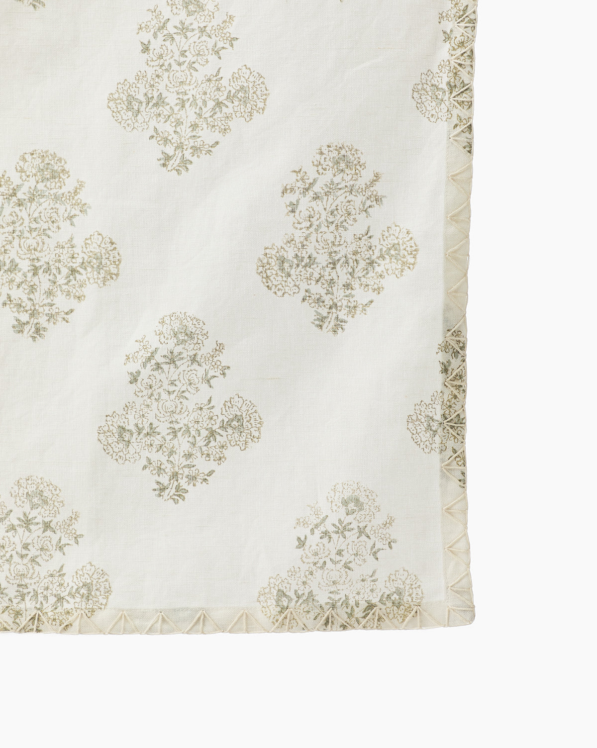 The Block Print Shower Curtain features a white fabric with an elegant gold floral pattern and a decorative stitched border with geometric lattice detail—ideal for vintage bathroom decor. Only part is visible.