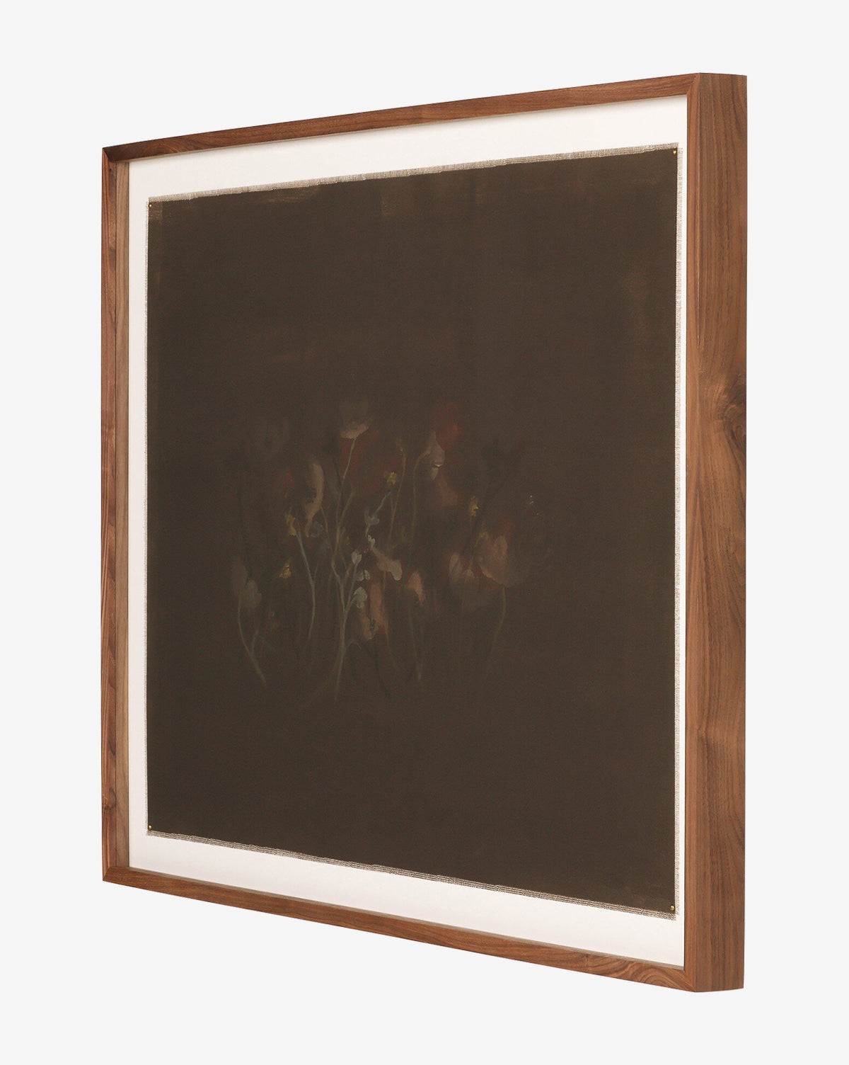 Bloom II by Brittney Schulz is a framed painting with a dark background and subtle, muted flowers. A light wood frame and white mat highlight this expressive artwork, which is shown from an angled perspective, by McGee & Co.