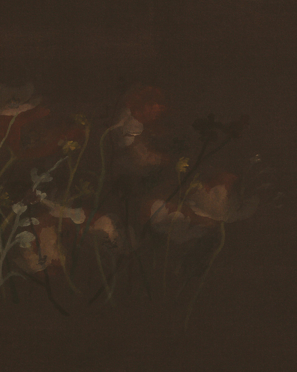 Bloom II by Brittney Schulz is a handmade wall art piece featuring delicate, muted flowers with thin green stems on a deep brown background, creating an expressive and mysterious atmosphere, by McGee & Co.