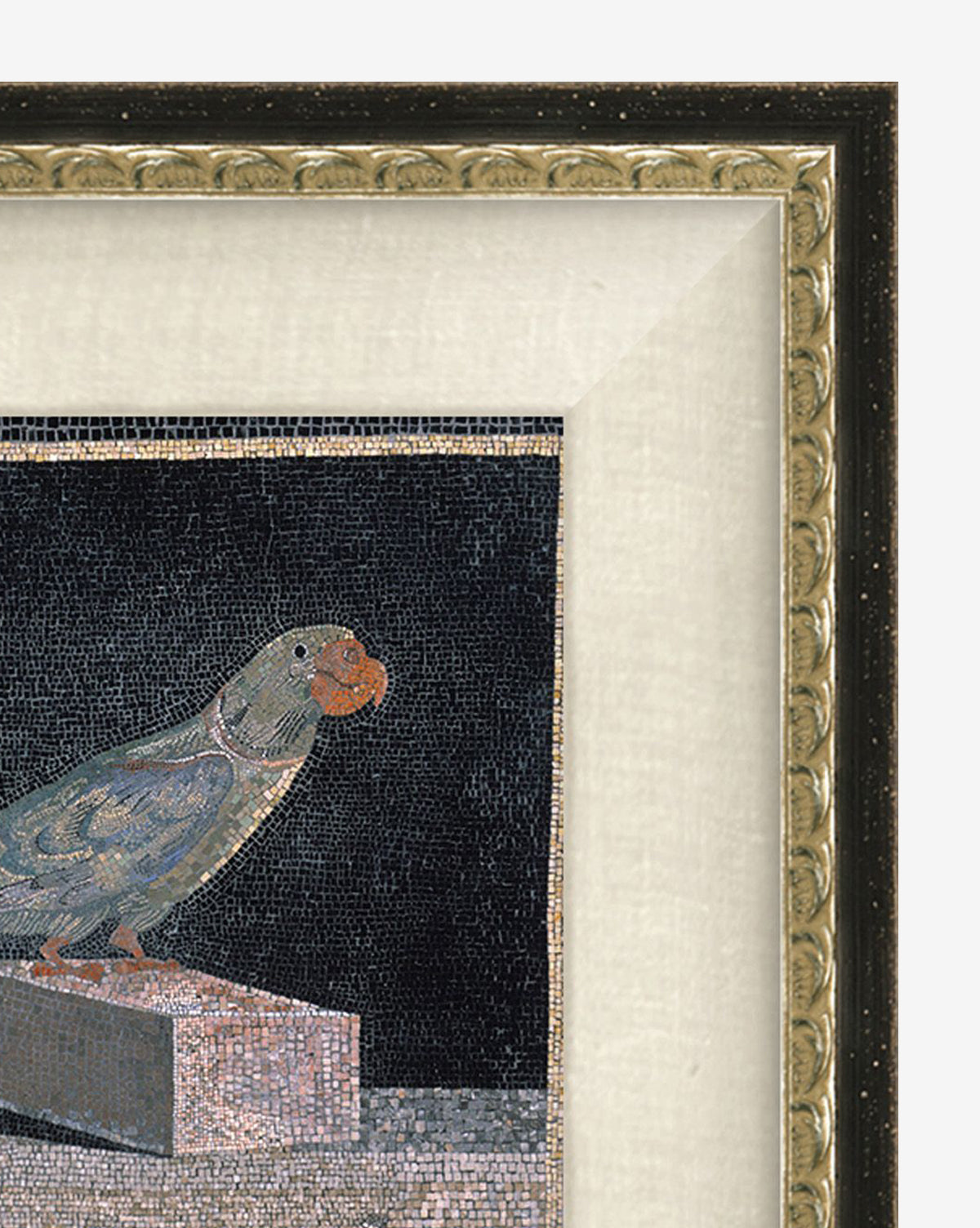Blue Parrot is a framed mosaic artwork depicting a parrot on a rectangular stone platform against a dark background. An ornate gold-detailed frame with a white matte border enhances the elegance of this striking coastal piece.