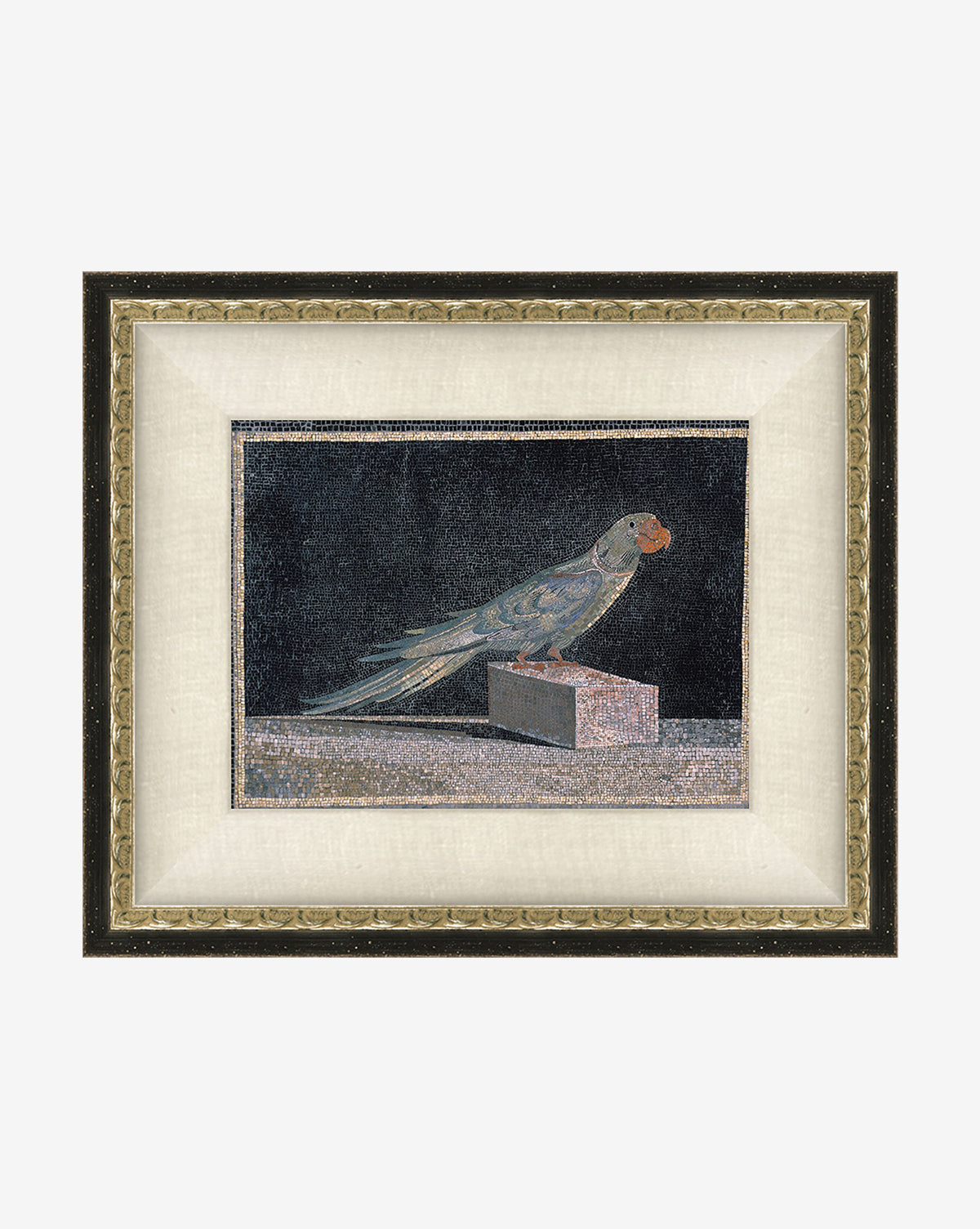 Framed coastal artwork titled Blue Parrot featuring an ancient mosaic of a blue parrot on a rectangular block against a dark background, in an ornate frame with gold and beige detailing.