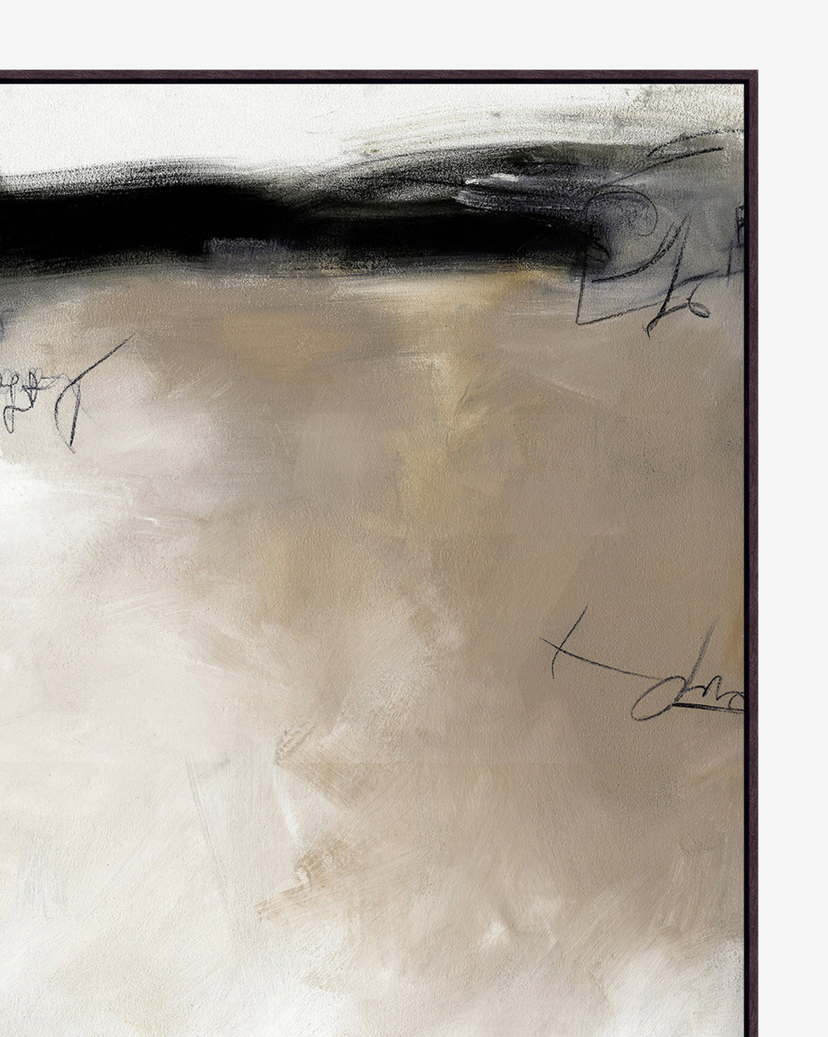 Blurred Lines is an abstract painting with a textured blend of beige, cream, and black. Bold black brush strokes cross the top, while scattered line sketches decorate the right side—perfect for adding a modern touch.