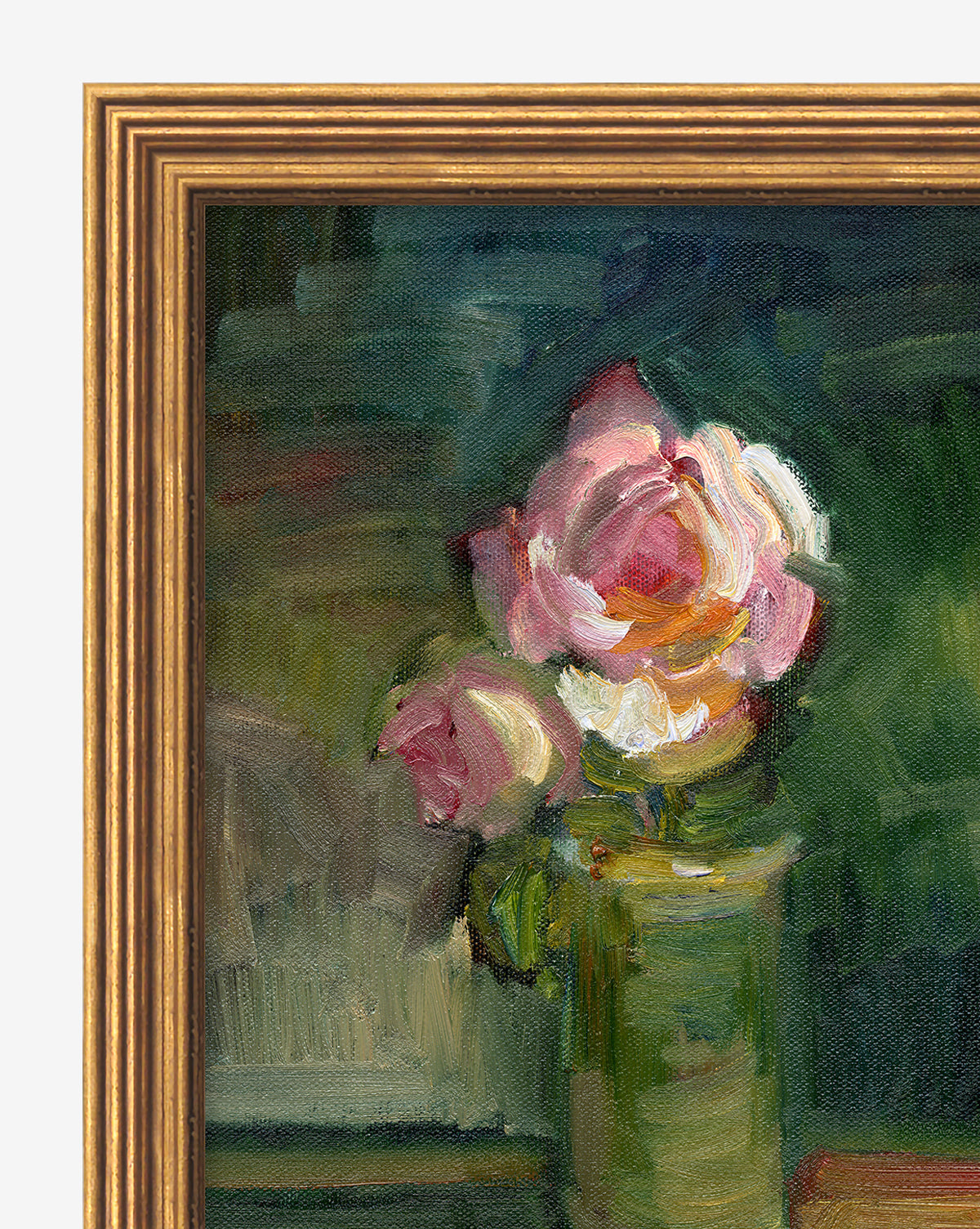Blush Bloom by Sally Rosenbaum is a framed painting featuring two pink and white roses in a green vase on a dark, textured background. Its impressionistic style brings a soft, vibrant touch to any kitchen counter or living space.