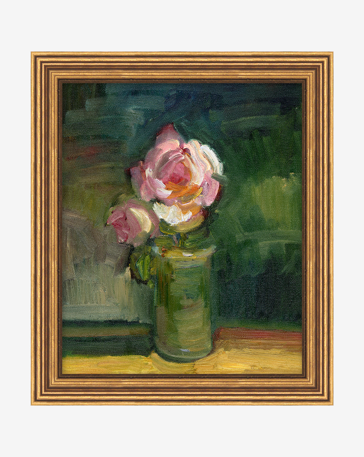 “Blush Bloom” by Sally Rosenbaum features pink roses in a green glass vase on a yellowish surface, set against a dark, textured backdrop. This impressionist framed piece adds elegant charm to bathroom counters or shelves.