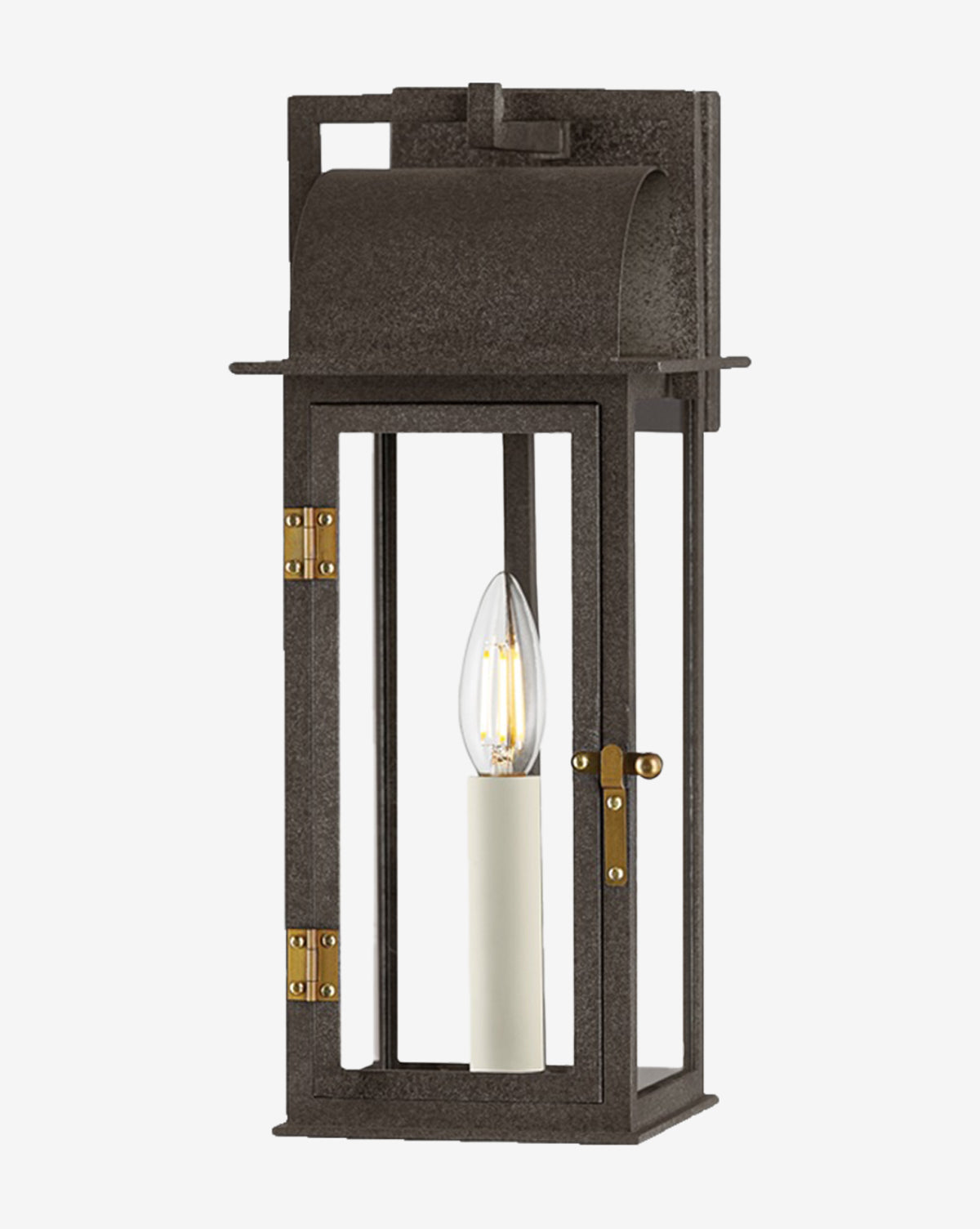 The Bohen Exterior Wall Sconce by Troy Lighting showcases a dark metal frame, clear glass panels, brass accents, and a single candelabra bulb in a white socket for classic outdoor style. McGee & Co.