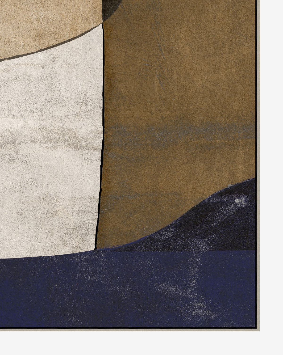 Bond by Dan Hobday features an abstract composition with overlapping organic shapes in beige, brown, off-white, and dark blue tones. Its visible texture and minimalistic style make it perfect as modern wall art or giclee canvas.