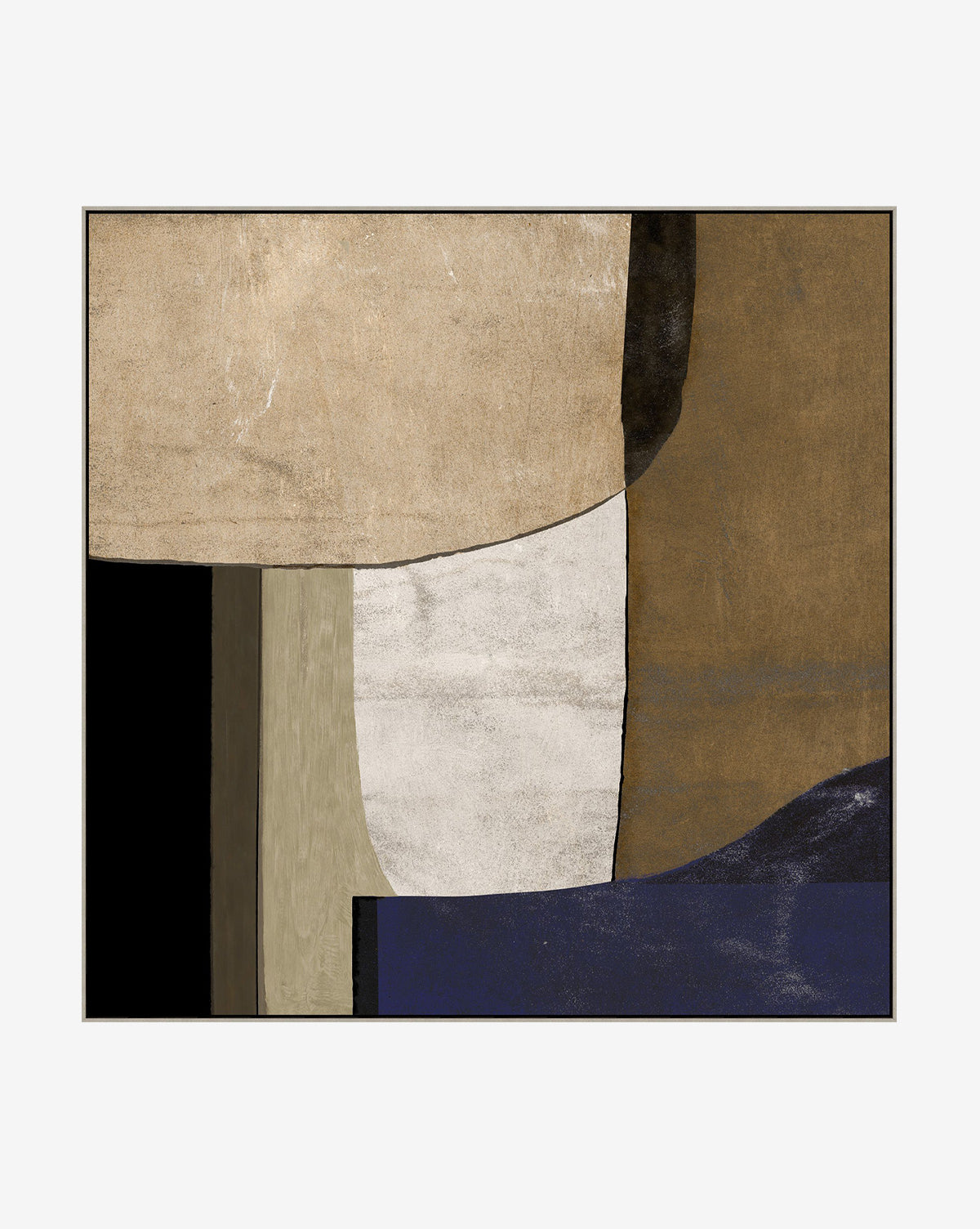 “Bond” by Dan Hobday features overlapping organic shapes in beige, tan, brown, off-white, black, olive green, and navy blue on a light background with a thin black frame—perfect as modern giclee canvas wall art.