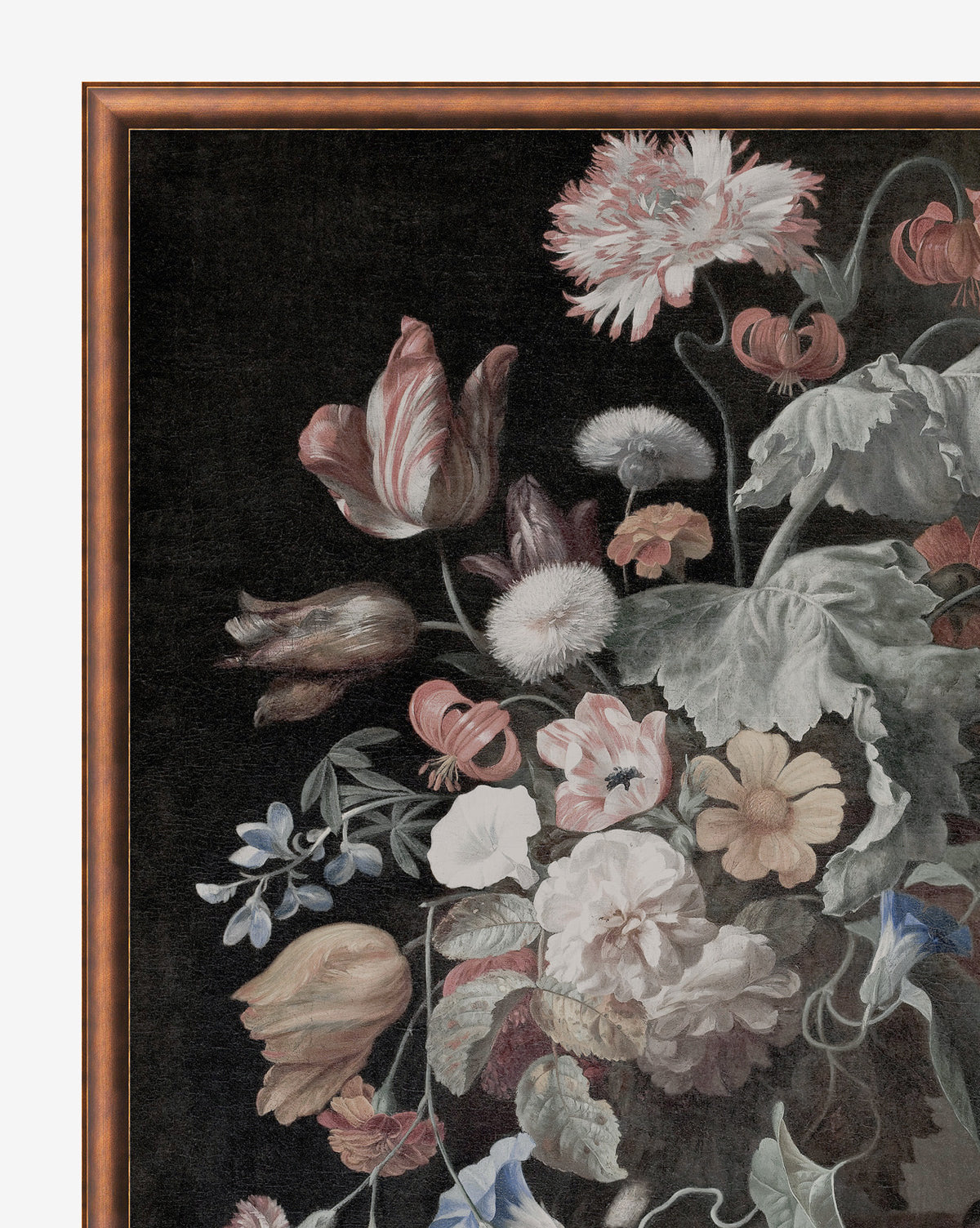 Botanical Renaissance: A framed painting showcasing pink tulips, white daisies, and orange blossoms in a vase against a dark backdrop, elegantly finished with a bronze frame.