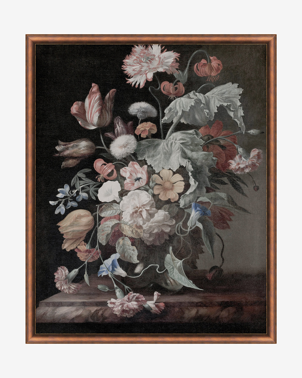 The Botanical Renaissance is a detailed painting of tulips, roses, and carnations in a vase, inspired by Renaissance art, set against a dark background and framed in brown wood.