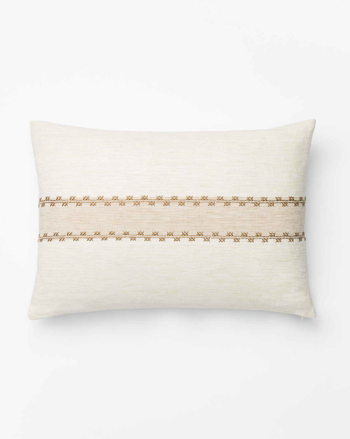 The Boyd Pillow Cover is a rectangular cream and brown design, featuring two horizontal rows of simple brown embroidered geometric patterns across the center, shown on a plain white background by McGee & Co.