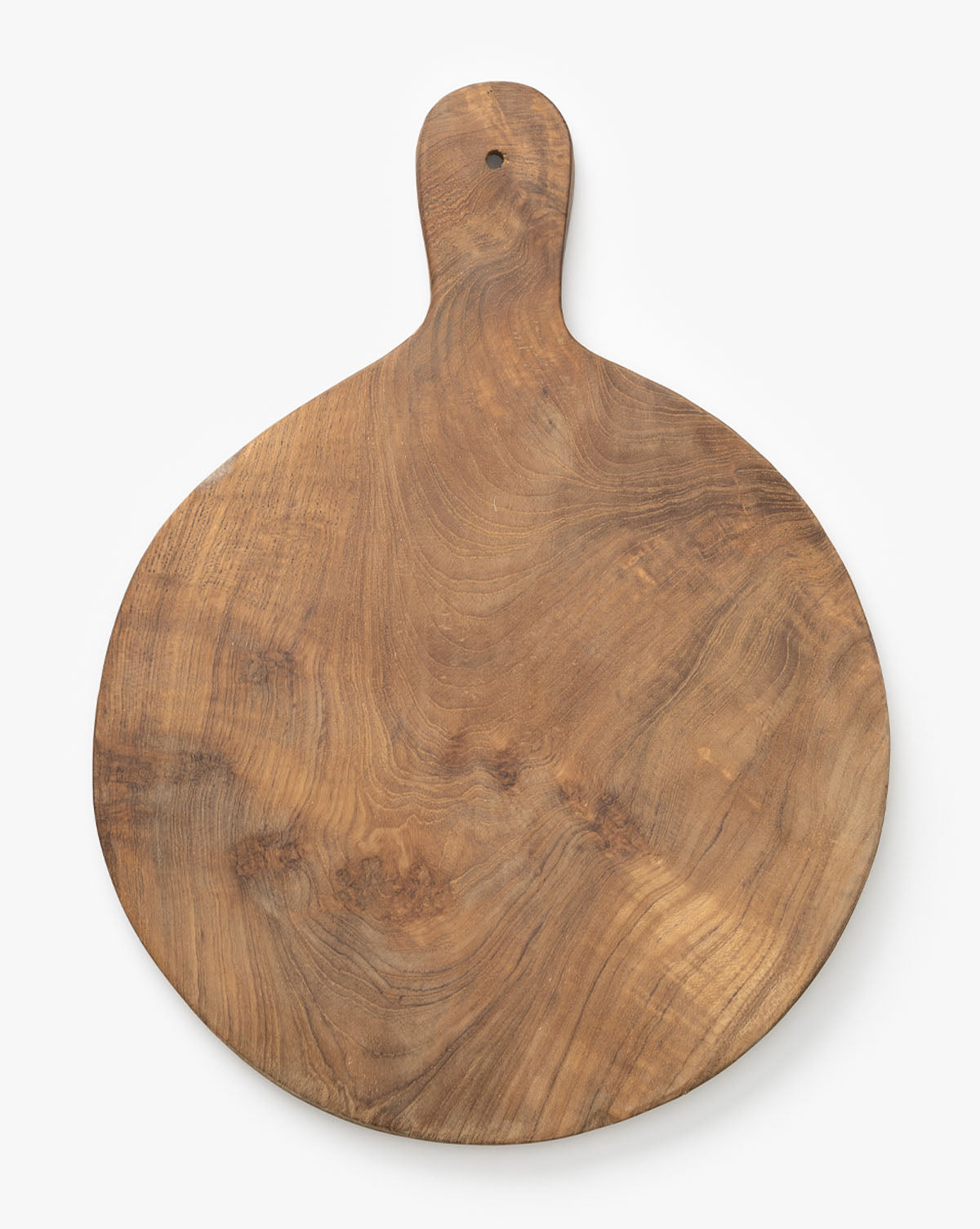 The Boylan Bread Board is a round teak wood board with a handle and small hole near the end, ideal as a natural bread board and shown on a plain white background.