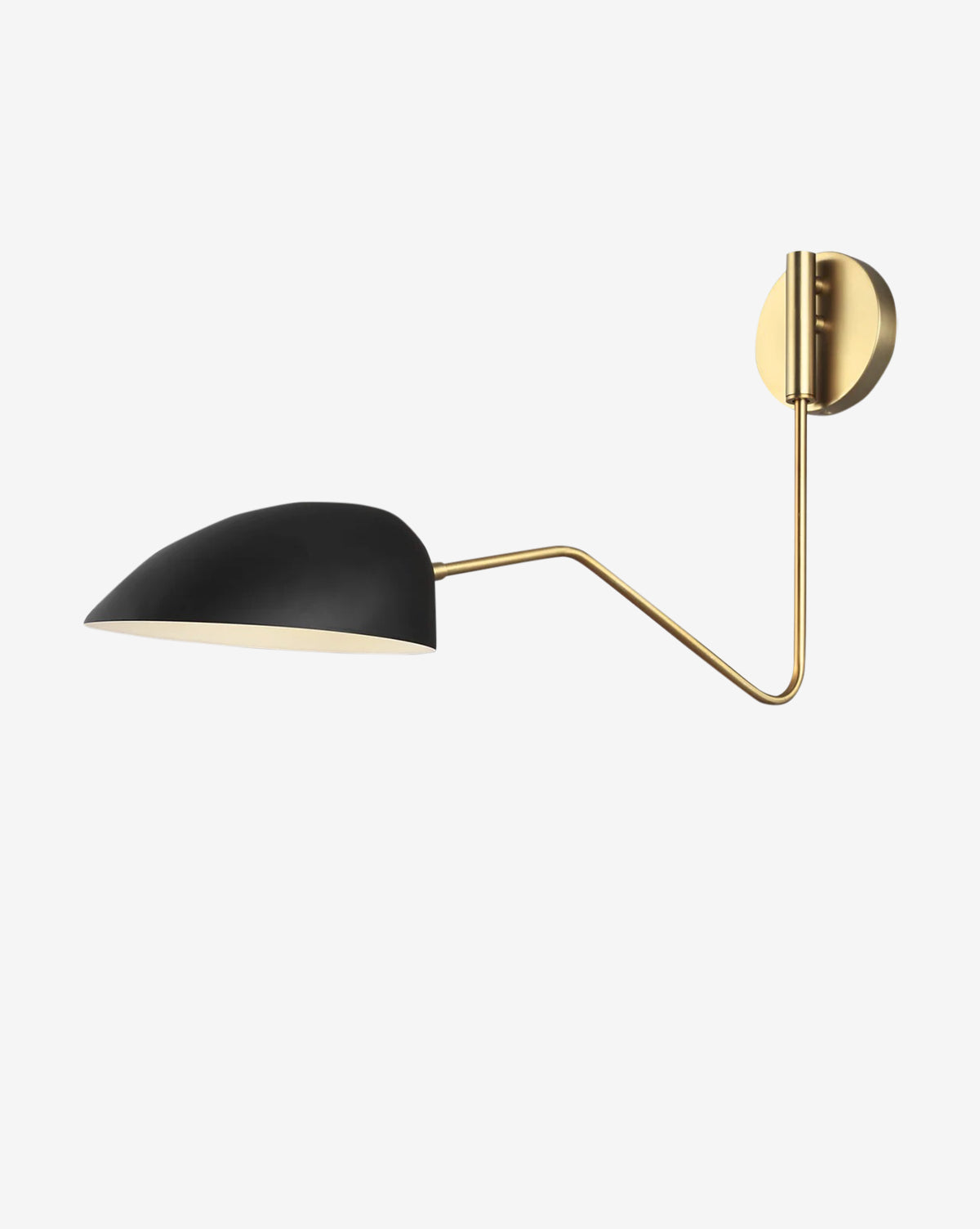The Bradburn Single Wall Sconce by Visual Comfort Studio features a black dome-shaped shade, brass arm, and round gold wall plate, shown here against a plain white background. McGee & Co.