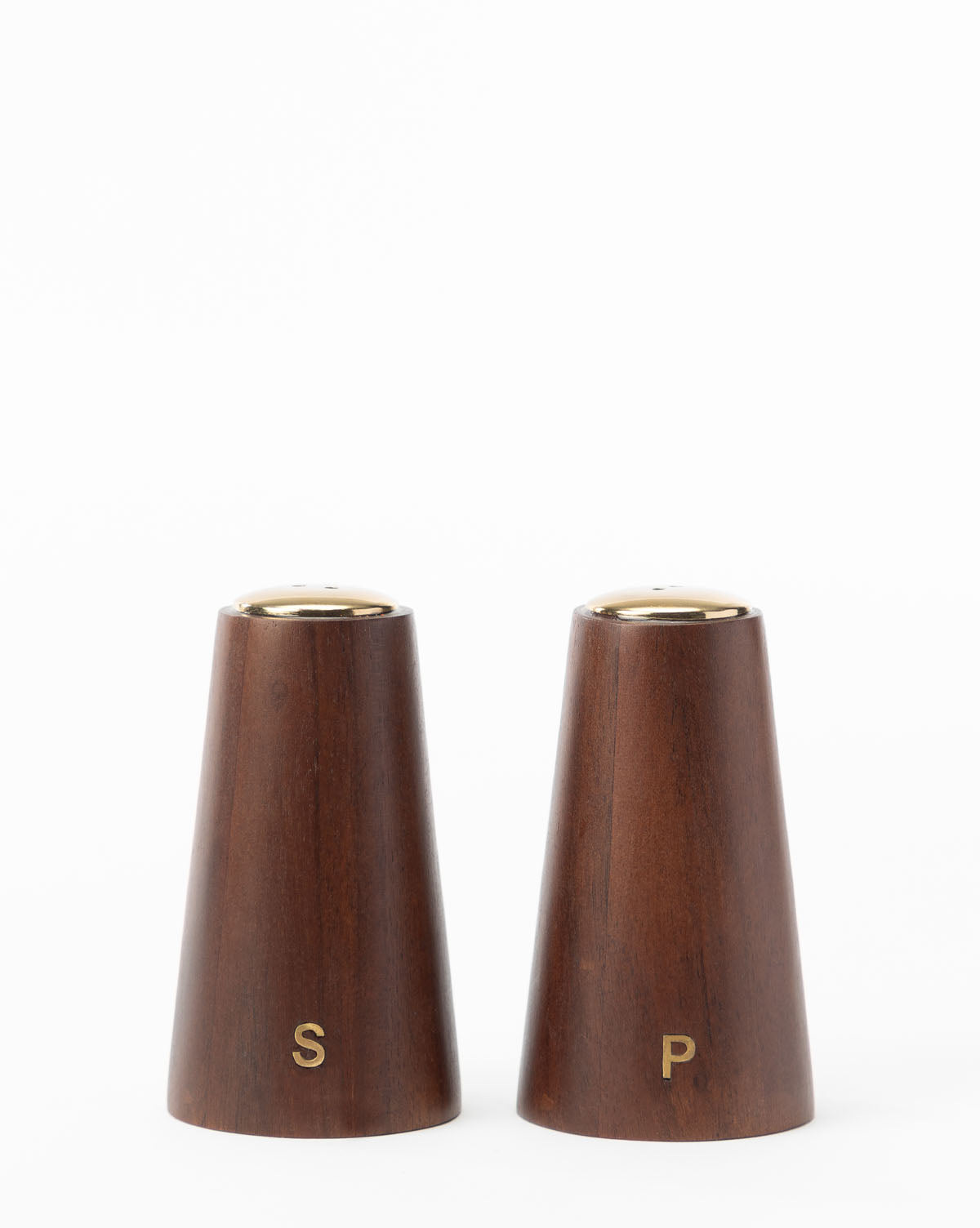The Brasserie Salt & Pepper Shakers (Set of 2) feature dark wood and gold tops, labeled S and P—ideal for adding French café-inspired decor to your kitchen.