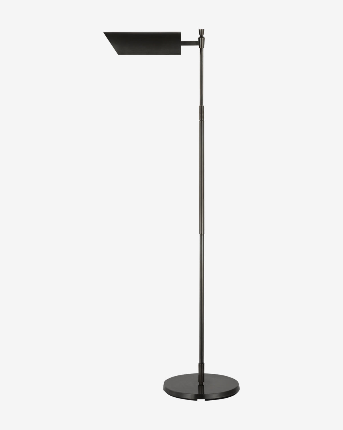 The Bravo Adjustable Pharmacy Floor Lamp features a slim adjustable pole, circular base, and flat rectangular shade, set against a white background—making it an ideal sleek task lamp for any modern space, by McGee & Co.