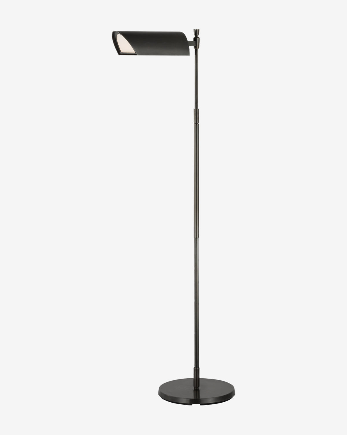 The Bravo Adjustable Pharmacy Floor Lamp by Visual Comfort & Co. Signature features a modern black finish, slim pole, and rectangular angled shade on a round base, shown against a plain white background. McGee & Co.