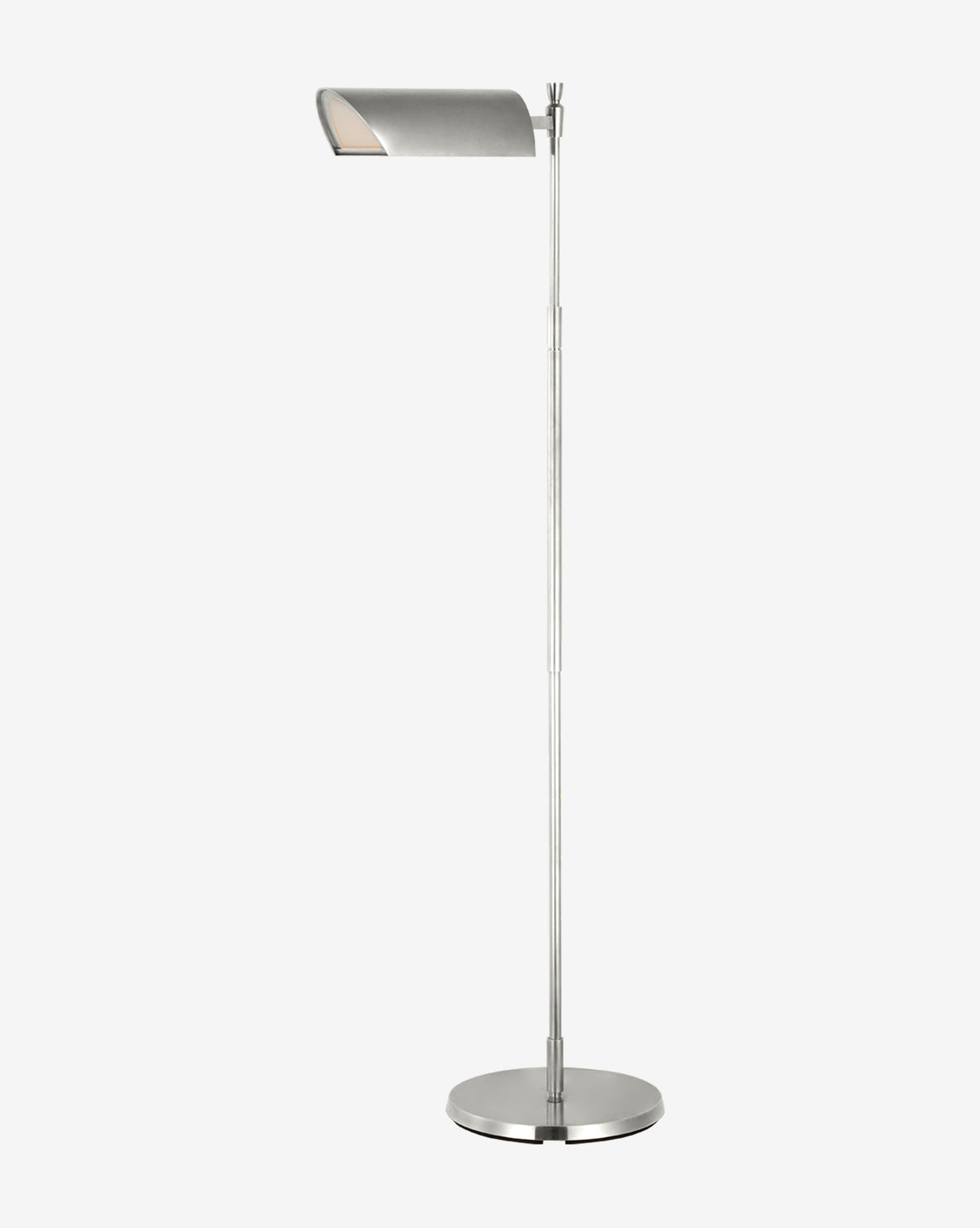 The Bravo Adjustable Pharmacy Floor Lamp features a modern silver design with a slim, adjustable pole, a wide rectangular shade, and a round base, shown against a plain white background by McGee & Co.