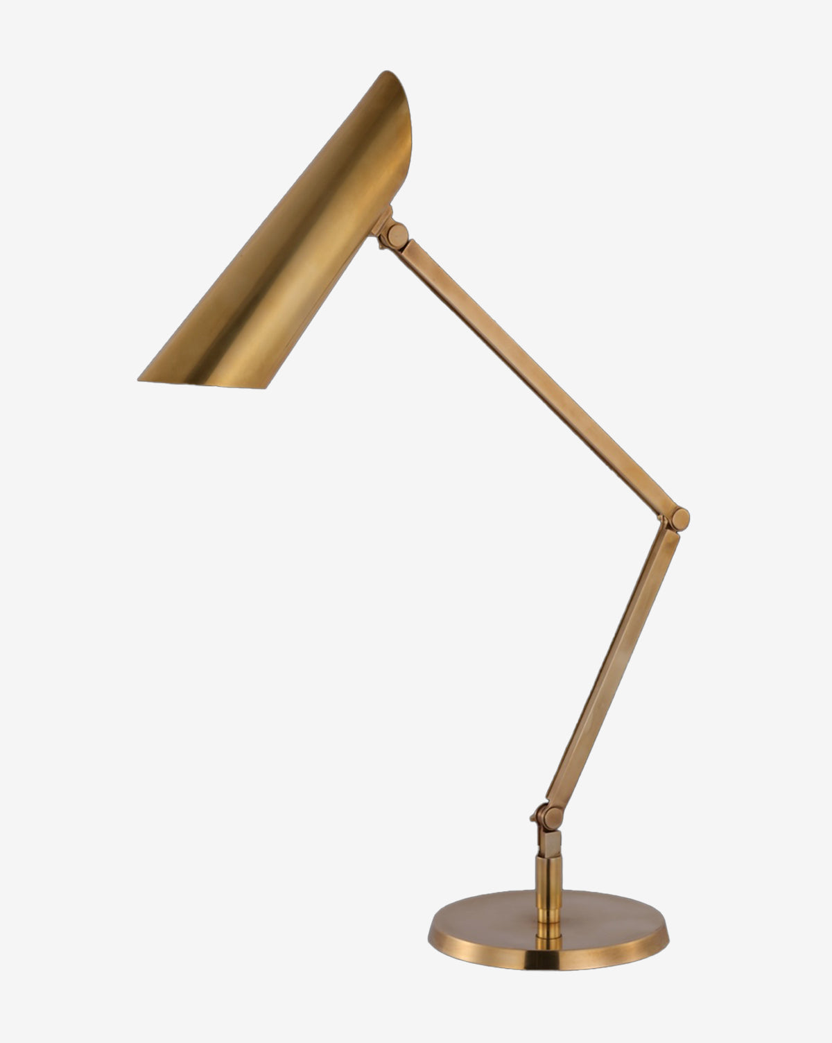 The Bravo Architects Table Lamp by Visual Comfort & Co. Signature features an adjustable antique brass design with a cone shade, angular arm, and round base—ideal for desks—shown against a plain white background. McGee & Co.