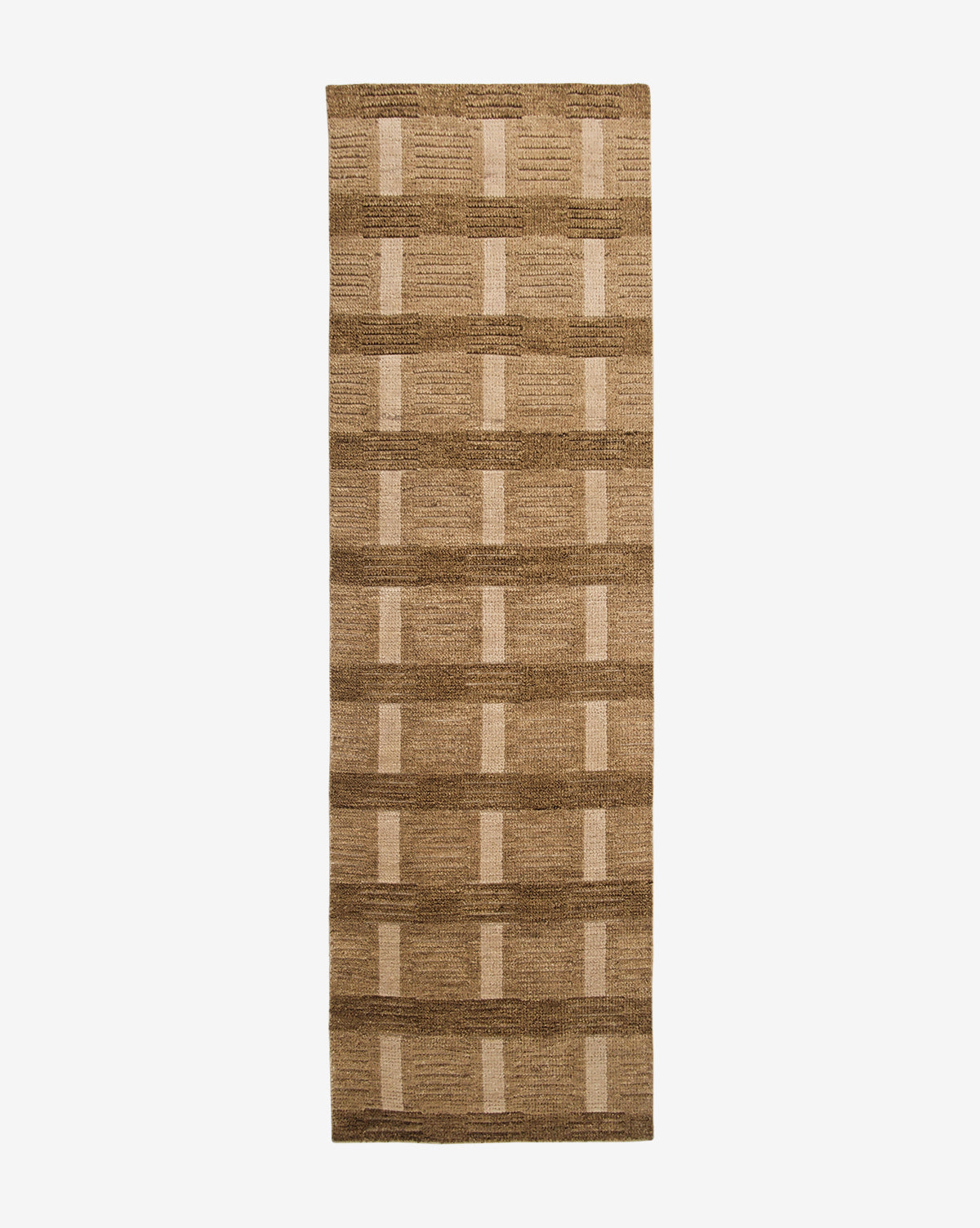 The Brenner Hand-Knotted Wool Rug features a rectangular shape and a grid pattern in brown and beige, with alternating squares and rectangles. Shown on a white background, it’s an ideal neutral area rug for any space by McGee & Co.