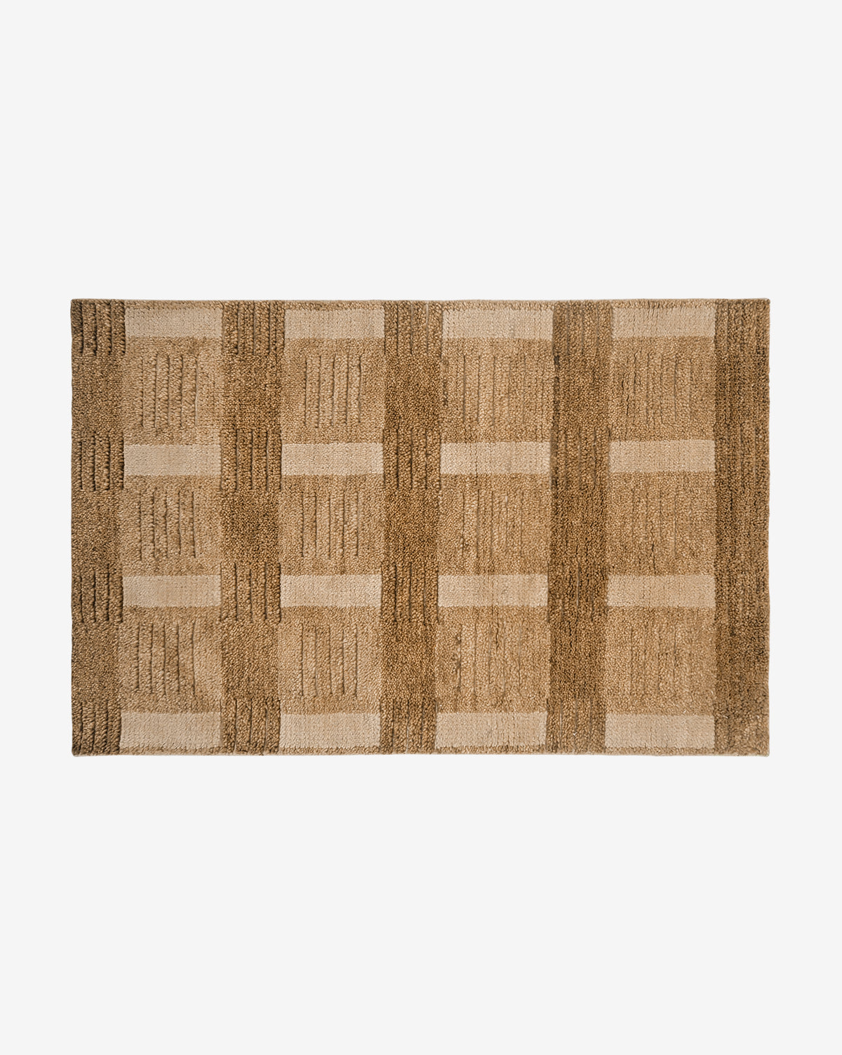 The Brenner Hand-Knotted Wool Rug features a rectangular checker pattern in shades of brown and beige, with rows of rectangles—an ideal neutral area rug for any space, by McGee & Co.