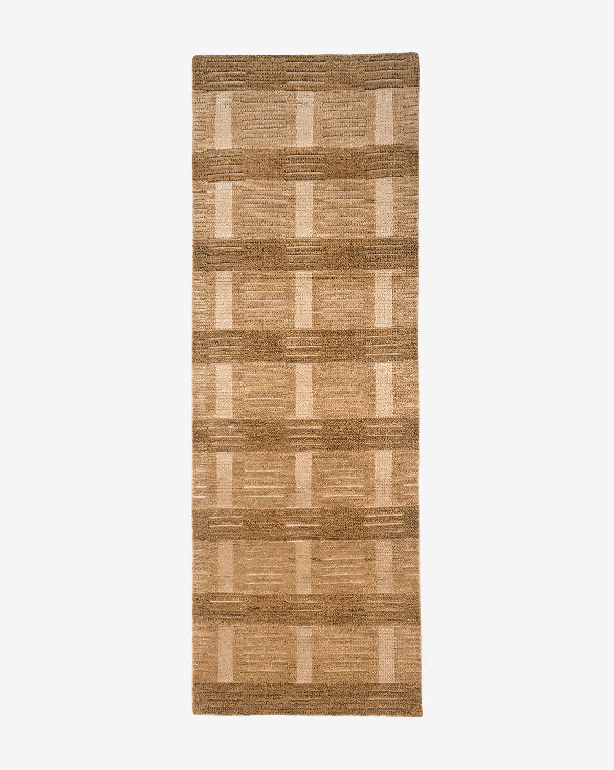 The Brenner Hand-Knotted Wool Rug is a rectangular neutral area rug with a geometric checker pattern of alternating light and dark brown rectangles and squares on a plain white background, by McGee & Co.