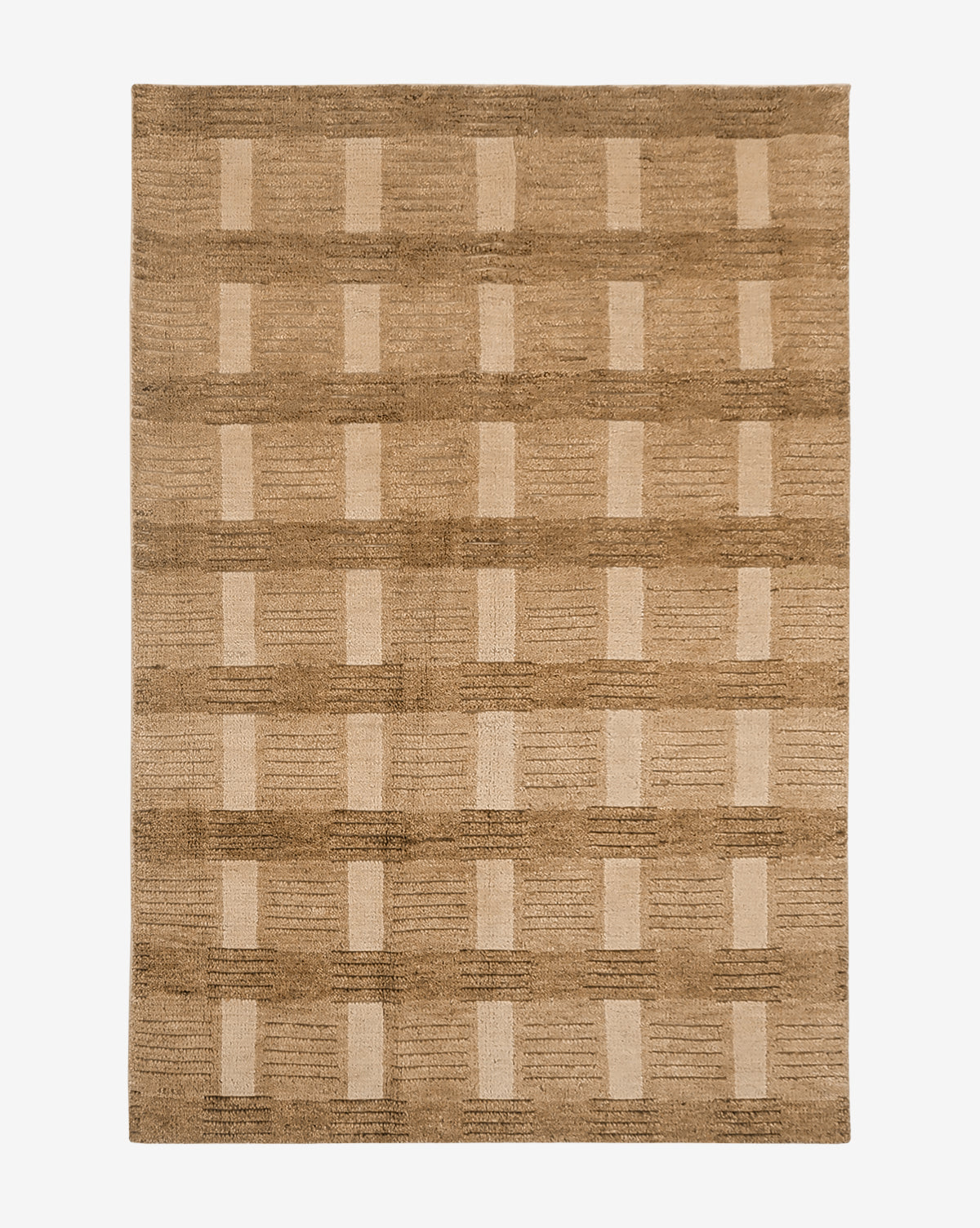The Brenner Hand-Knotted Wool Rug features a geometric pattern of overlapping rectangles in brown and beige tones, creating a subtle, textured checkerboard look, by McGee & Co.