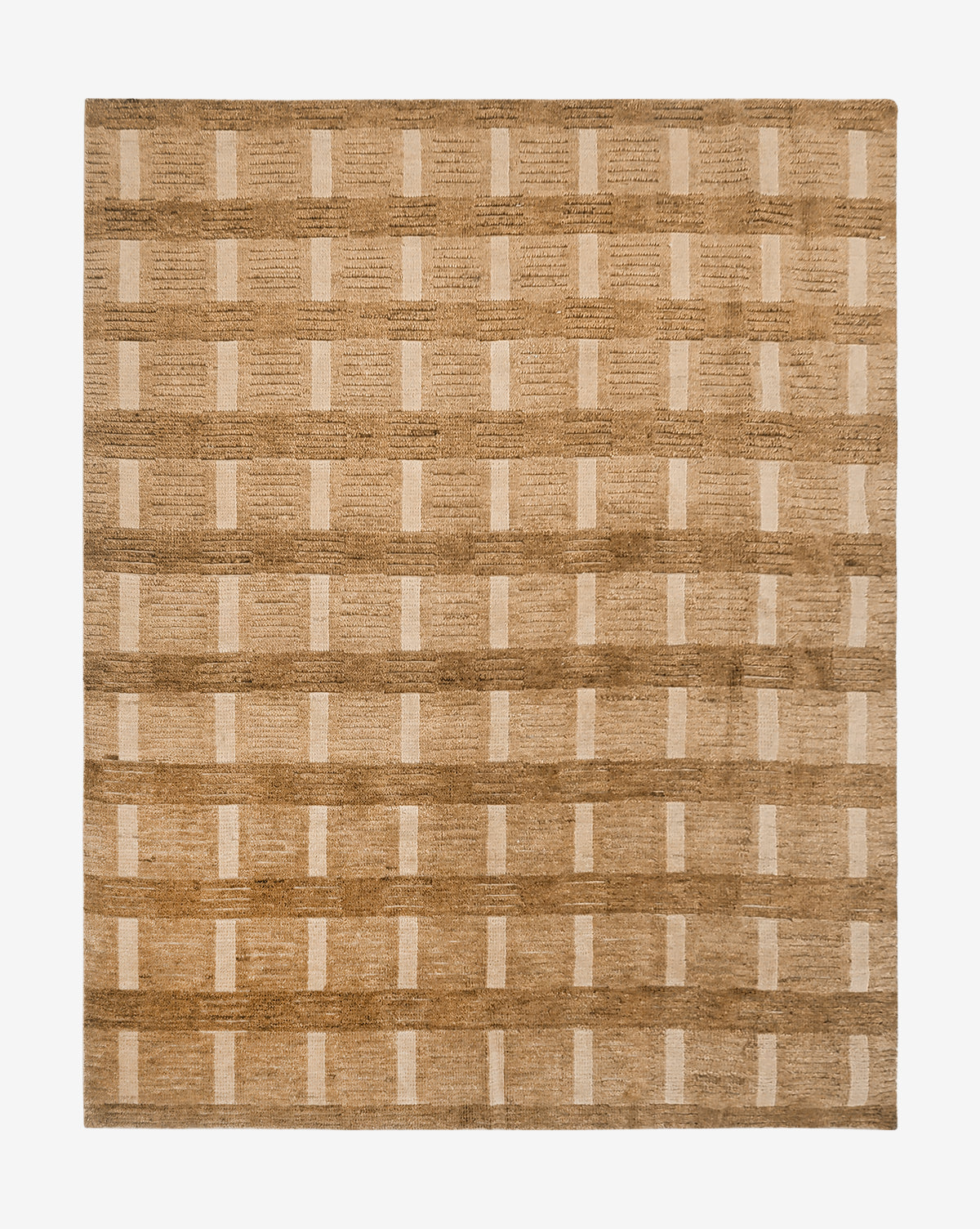 The Brenner Hand-Knotted Wool Rug is a square neutral area rug with a geometric grid pattern in brown and beige, showcasing evenly spaced light rectangles on a darker, textured background by McGee & Co.